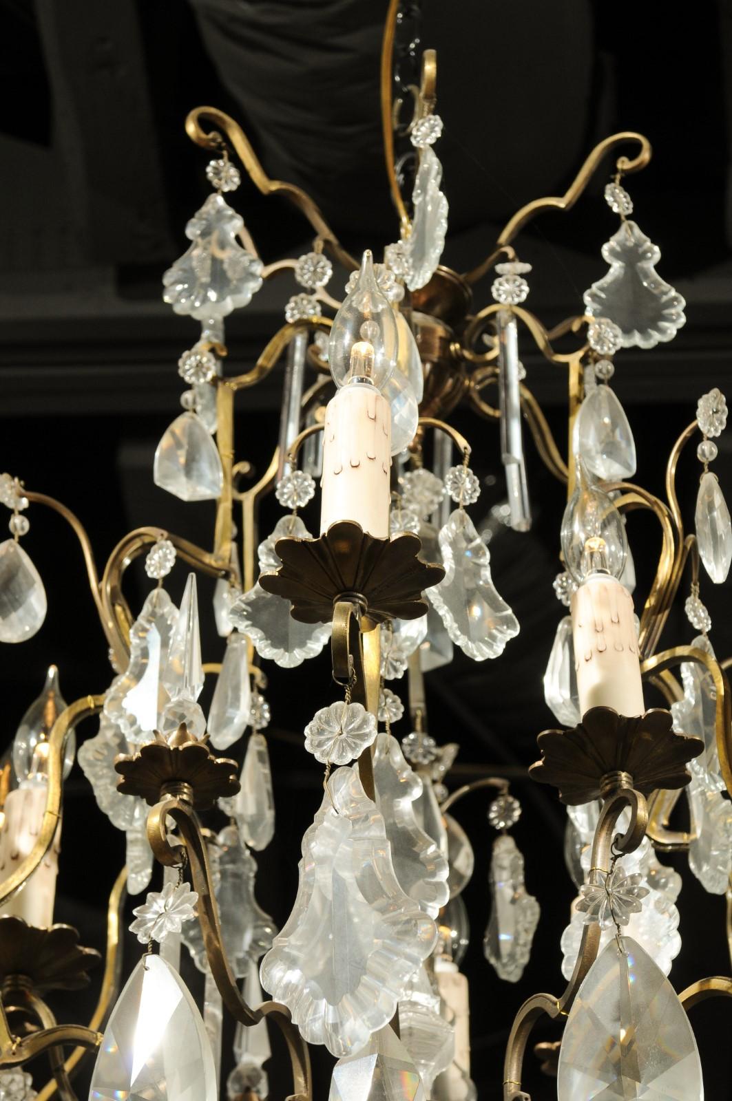 19th Century French Nine-Light Crystal Chandelier with Brass Armature and Finial, circa 1890