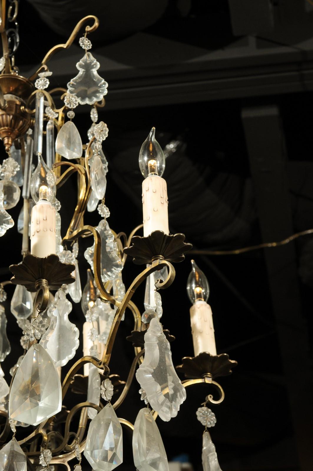 French Nine-Light Crystal Chandelier with Brass Armature and Finial, circa 1890 1