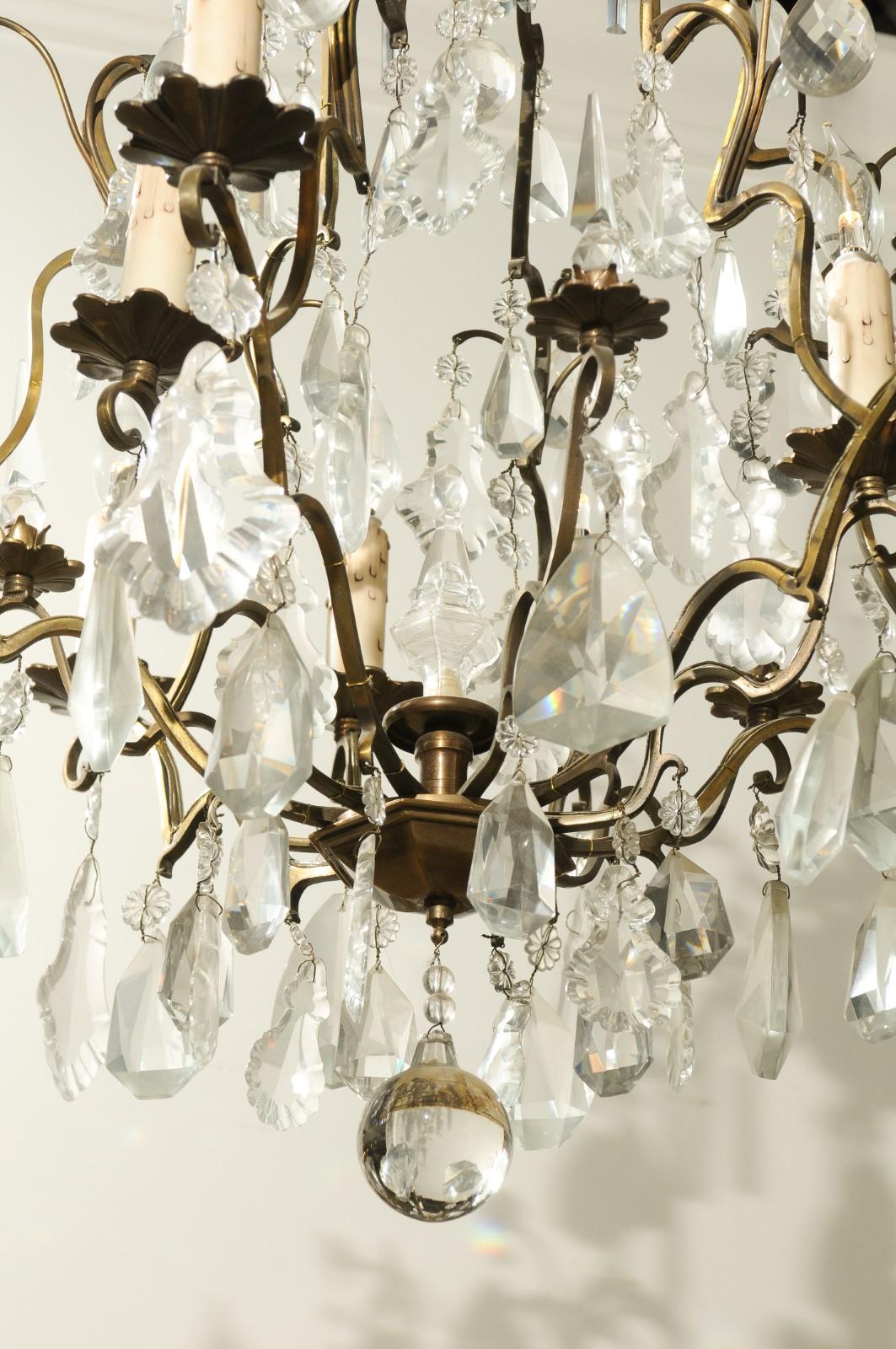 French Nine-Light Crystal Chandelier with Brass Armature and Finial, circa 1890 3