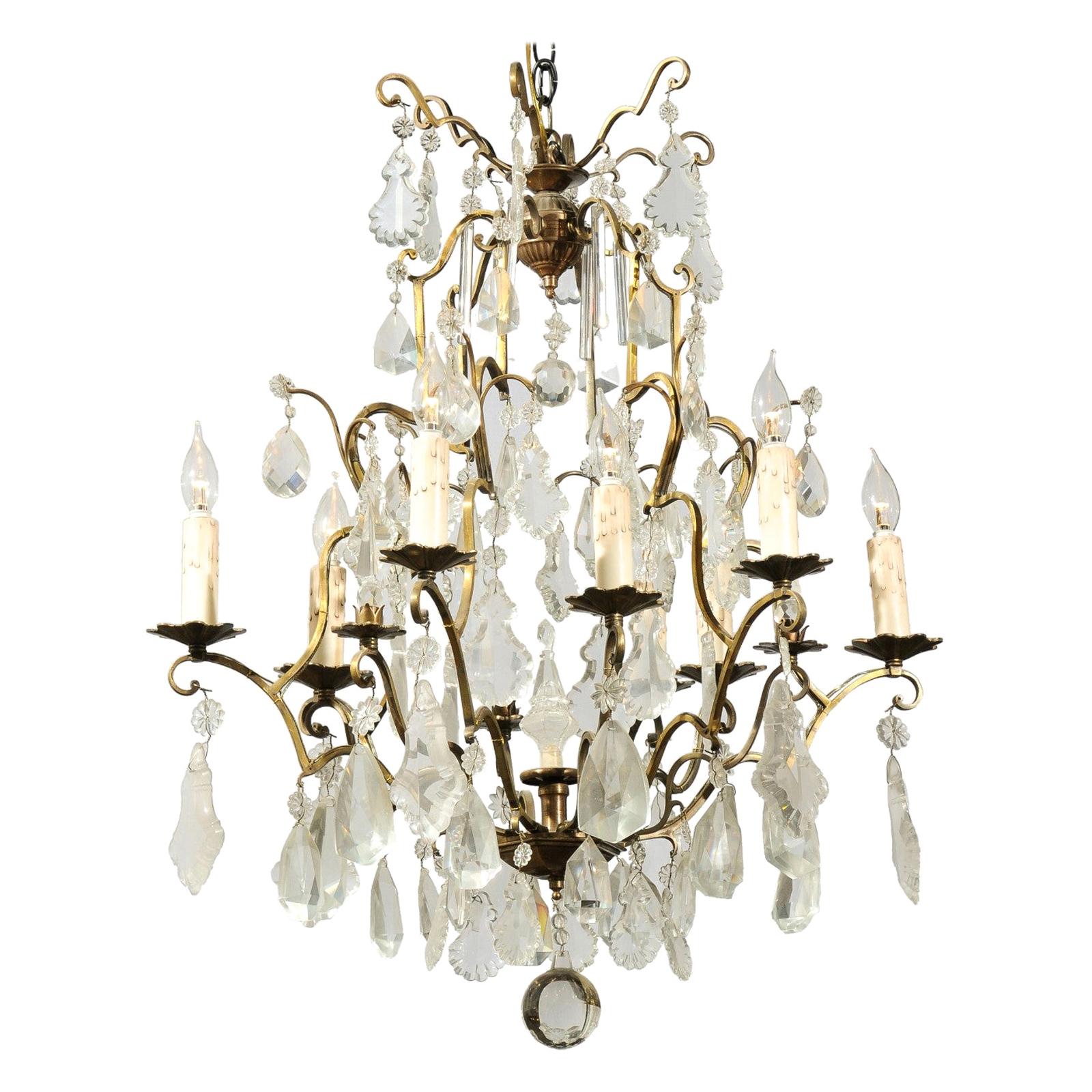 French Nine-Light Crystal Chandelier with Brass Armature and Finial, circa 1890