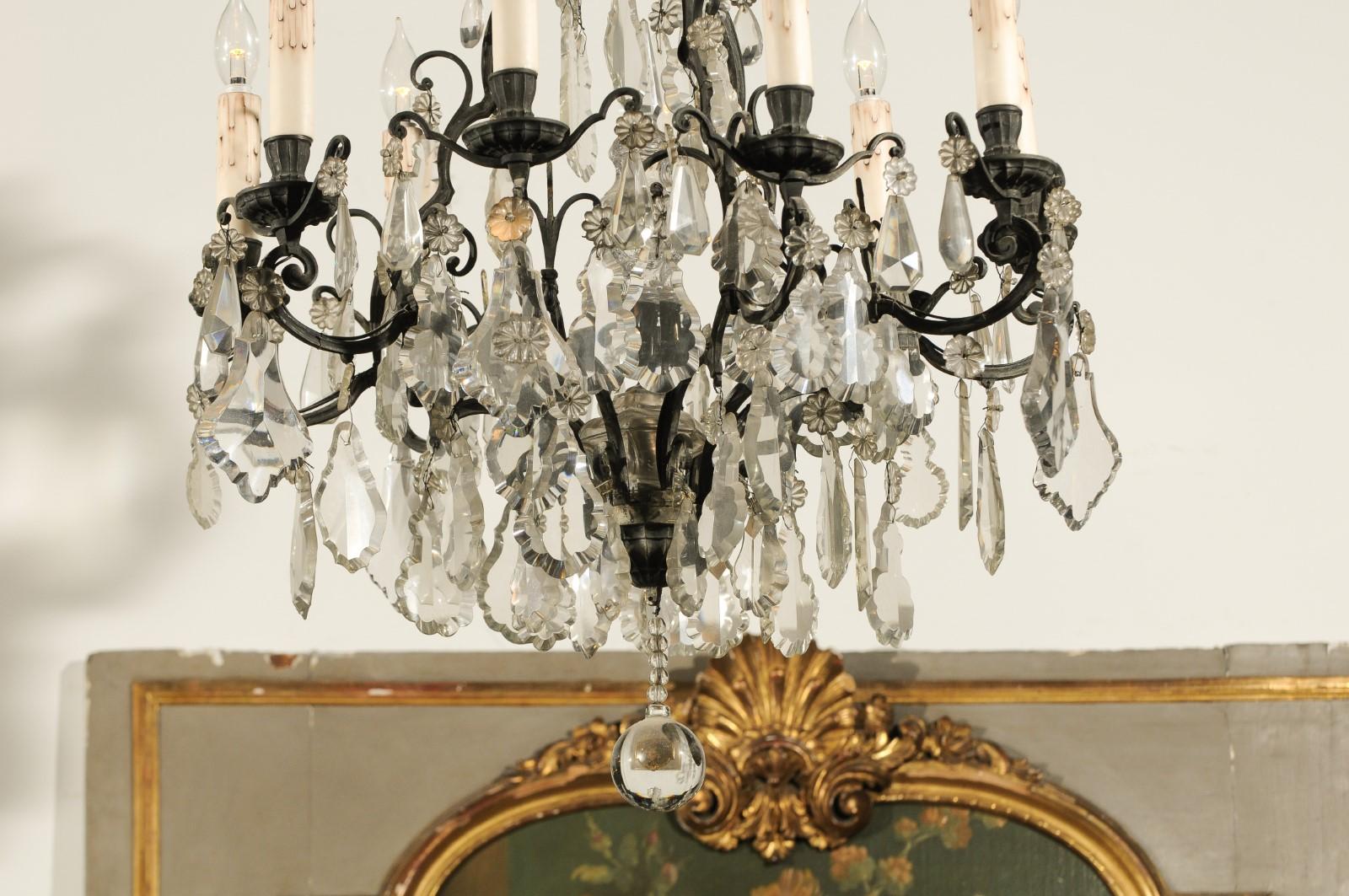 19th Century French Nine-Light Crystal Chandelier with Iron Scrolling Armature, circa 1890