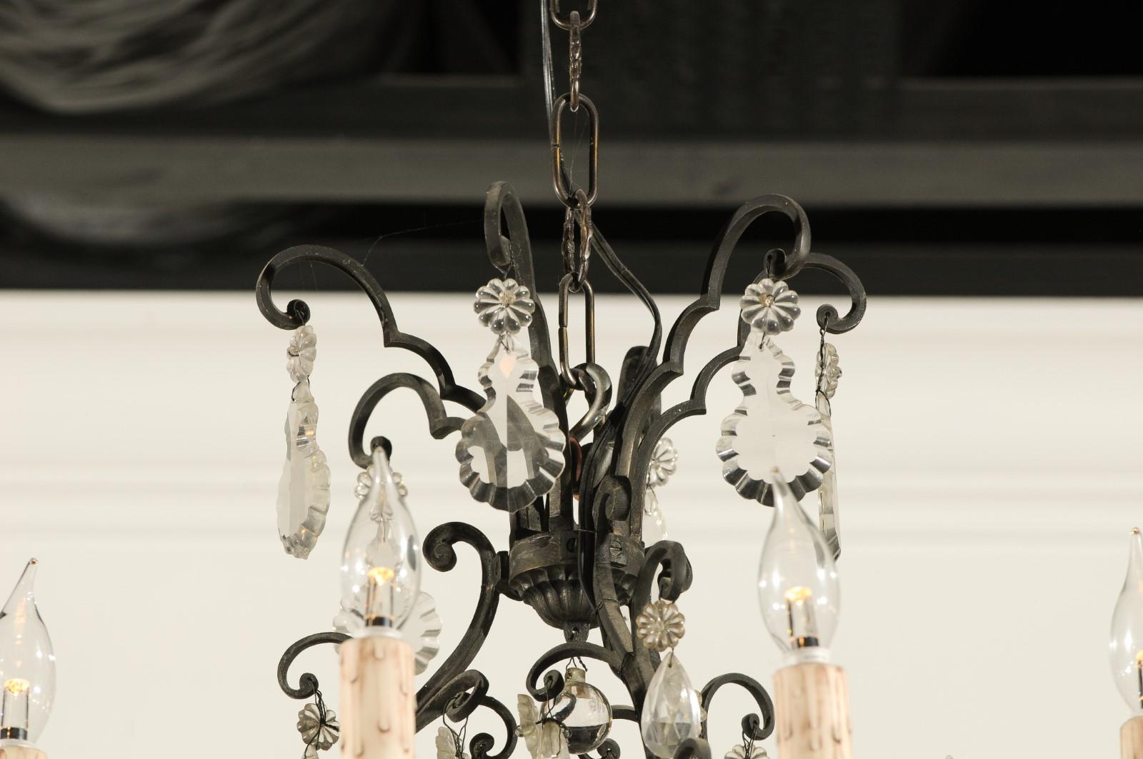 French Nine-Light Crystal Chandelier with Iron Scrolling Armature, circa 1890 1