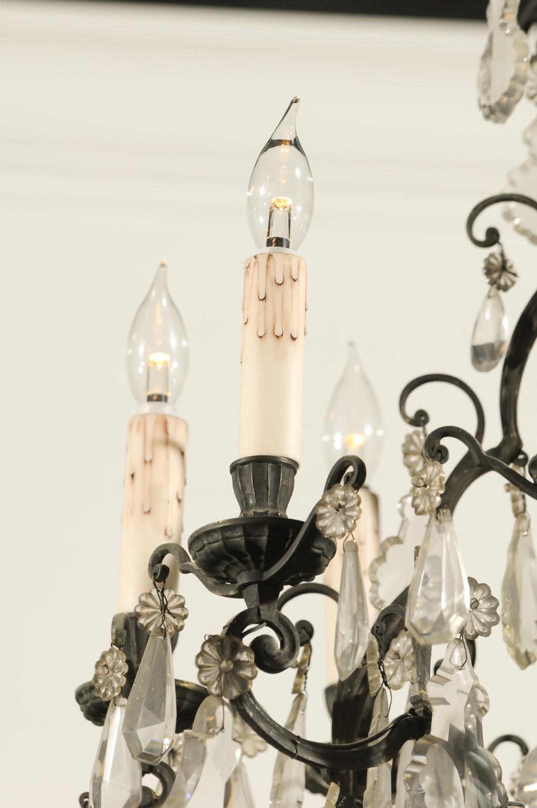 French Nine-Light Crystal Chandelier with Iron Scrolling Armature, circa 1890 2