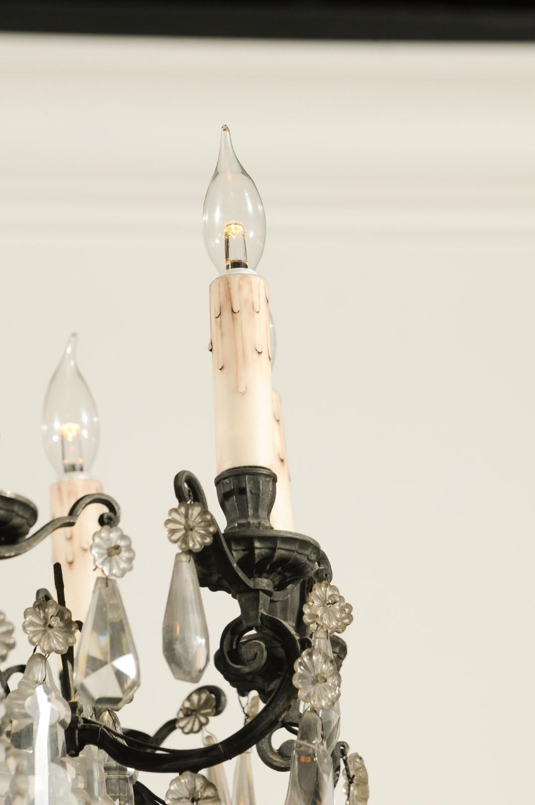 French Nine-Light Crystal Chandelier with Iron Scrolling Armature, circa 1890 3