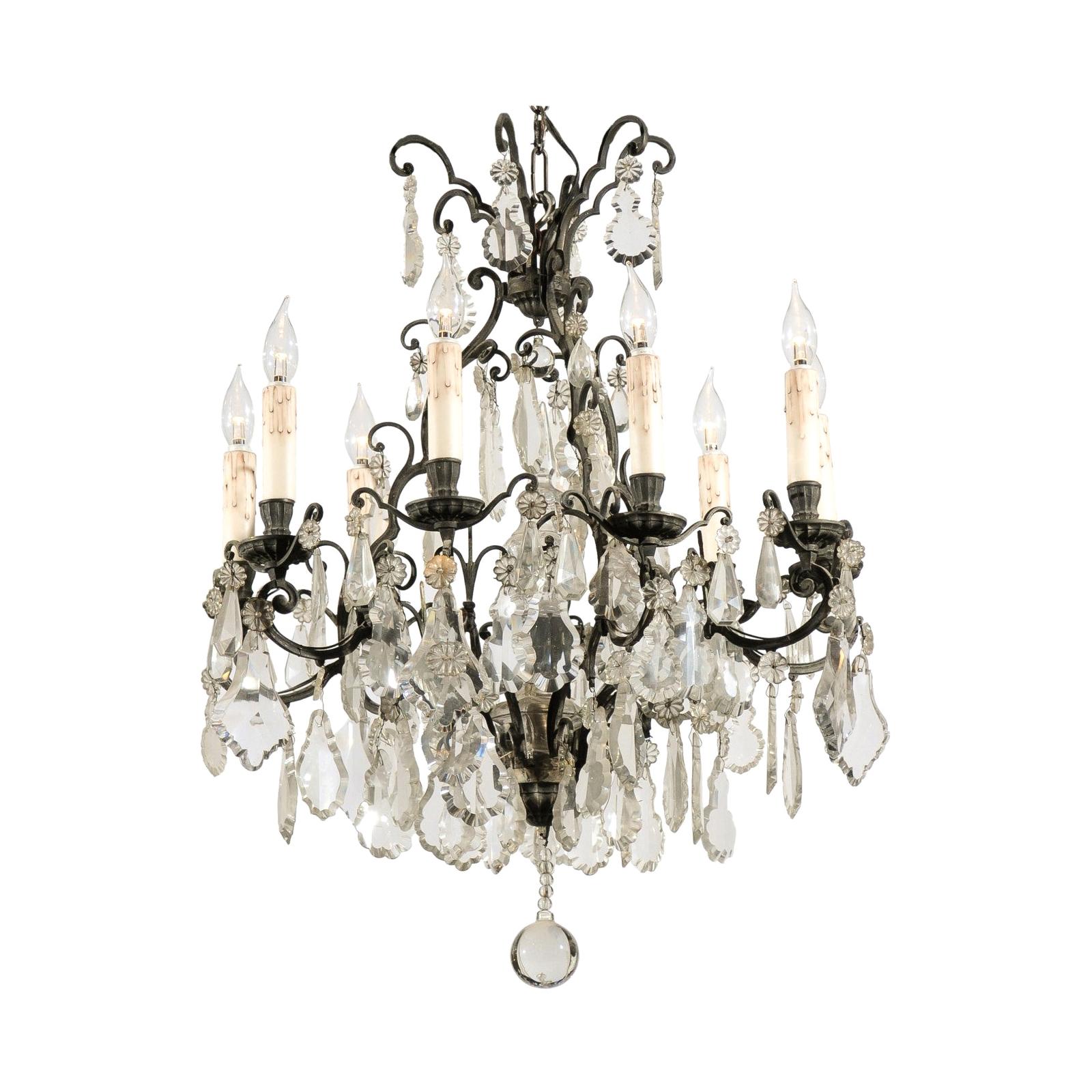 French Nine-Light Crystal Chandelier with Iron Scrolling Armature, circa 1890