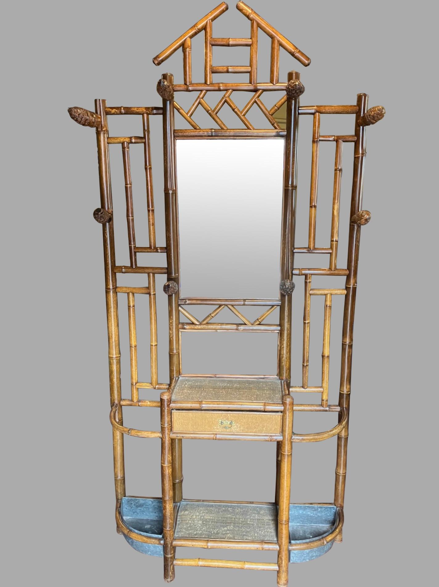 Victorian French Nineteenth Century Bamboo Hall Tree with Central Mirror and Drawer