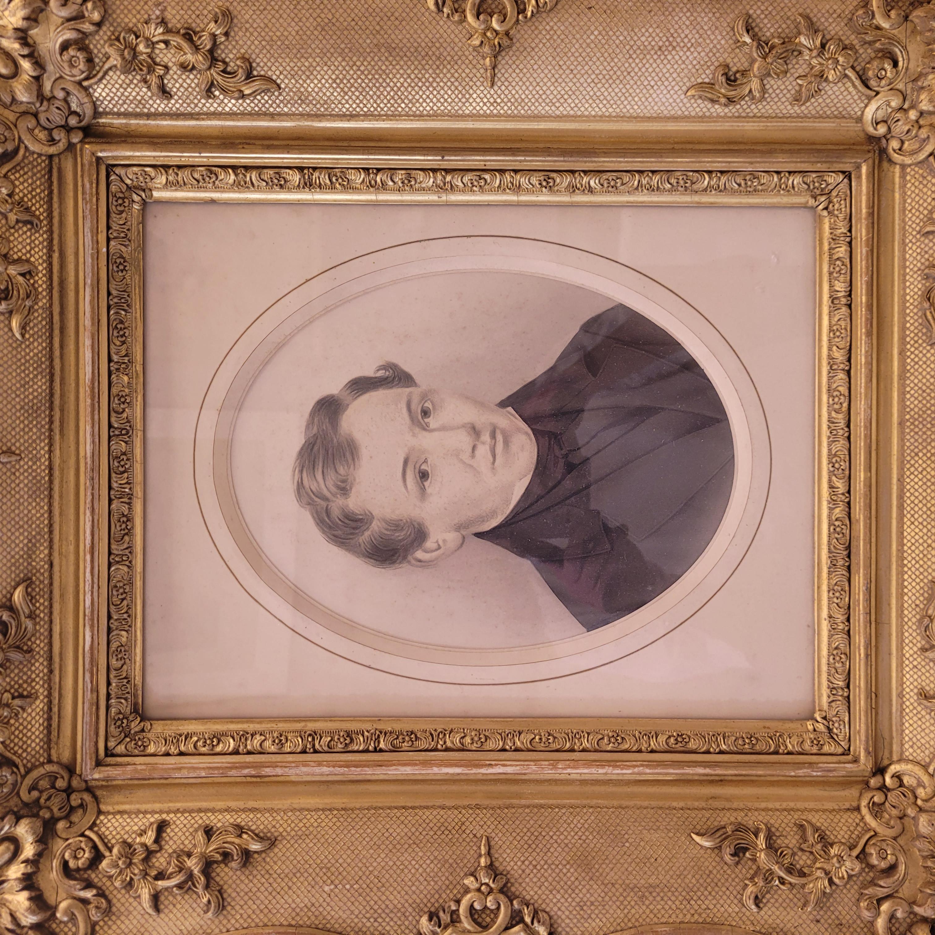 Hand-Crafted French Noble portrait Graphite drawing  with carved gilded wood  frame For Sale