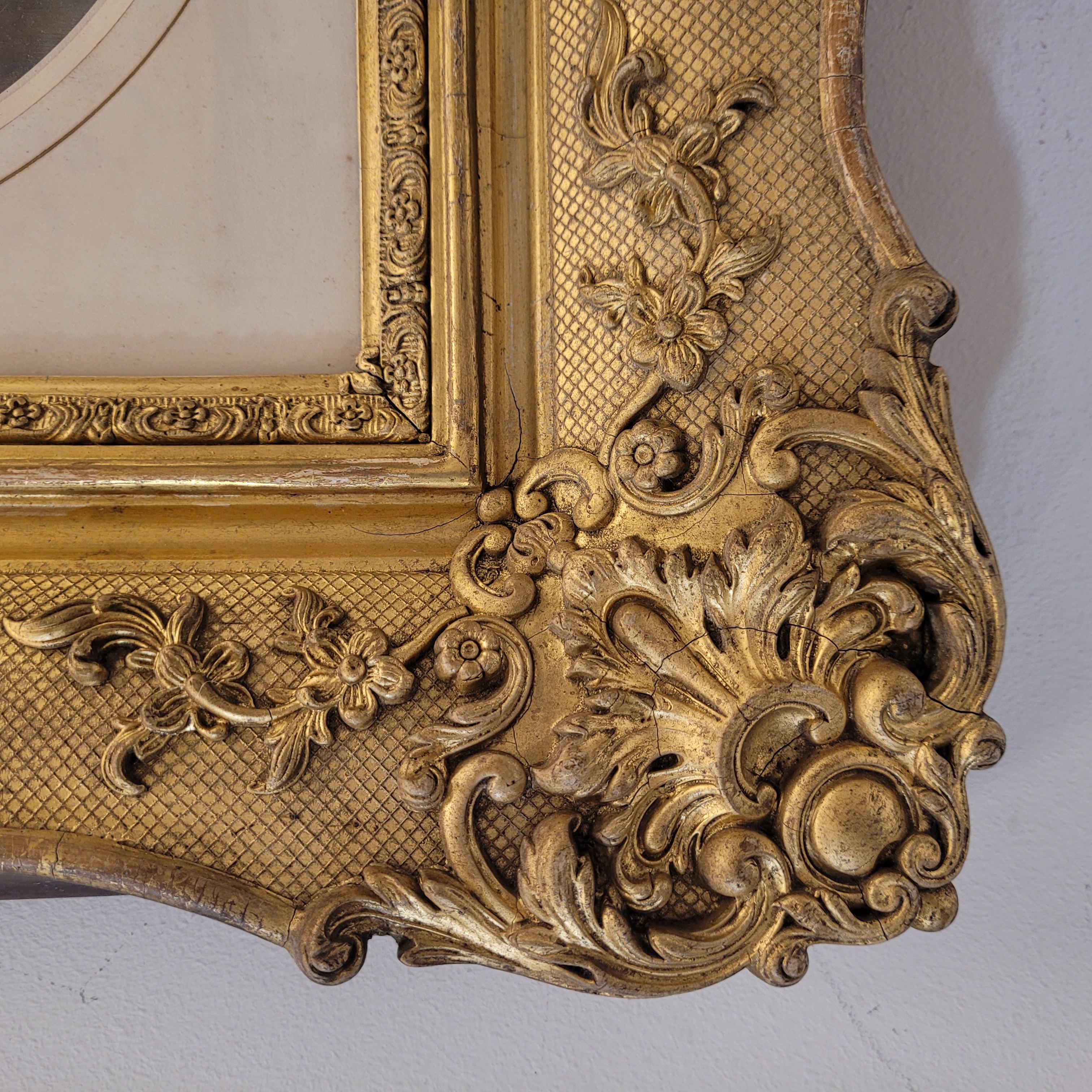 Mid-20th Century French Noble portrait Graphite drawing  with carved gilded wood  frame For Sale