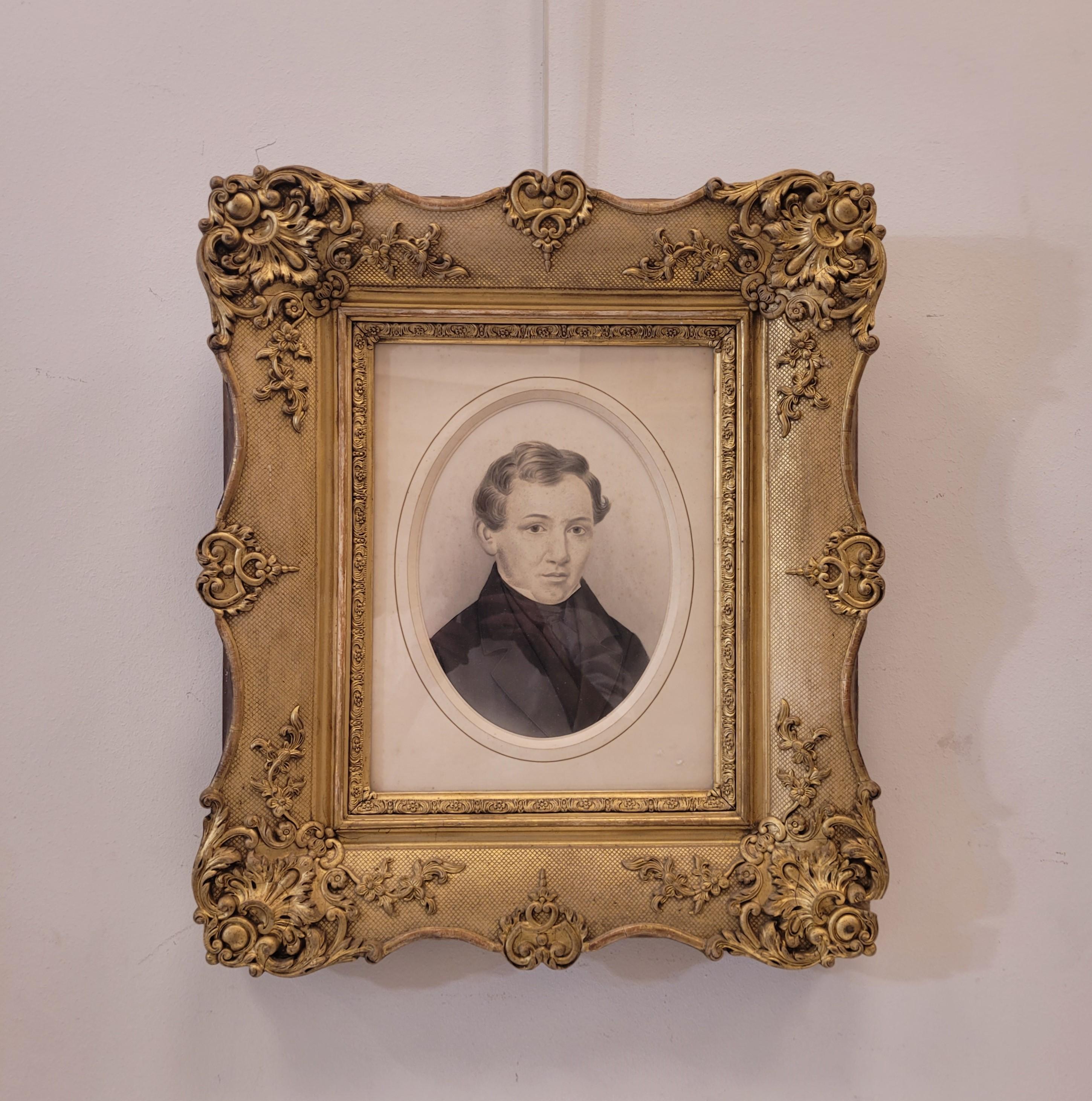 Wood French Noble portrait Graphite drawing  with carved gilded wood  frame For Sale