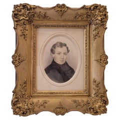 French Noble portrait Graphite drawing  with carved gilded wood  frame