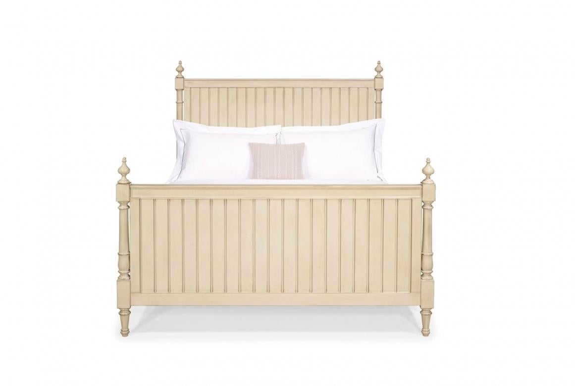 A French Norbert bed frame, 20th century.

The Norbert is shown in cherrywood with a dusty white finish. Note the exquisite hand carved panelling of the headboard and footboard.

Available up to Super King and Emperor bed sizes. Handcrafted in a