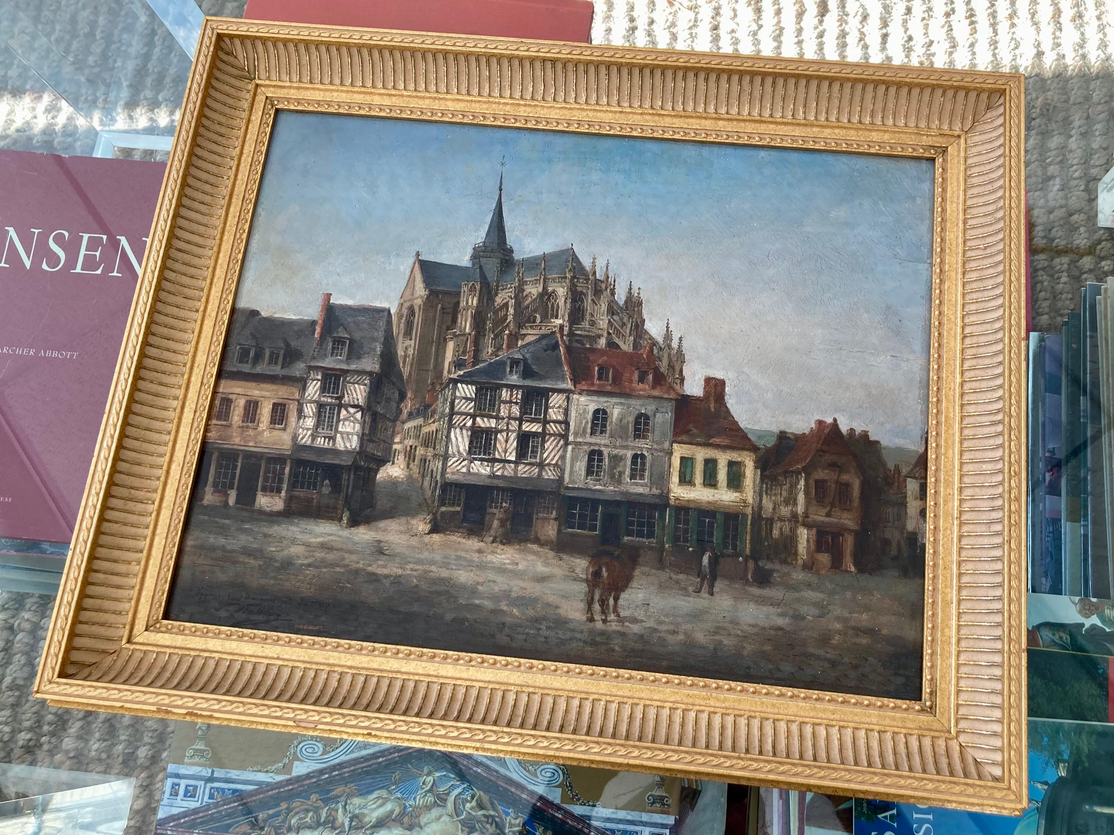 French Normandie Village Painting In Good Condition For Sale In Los Angeles, CA