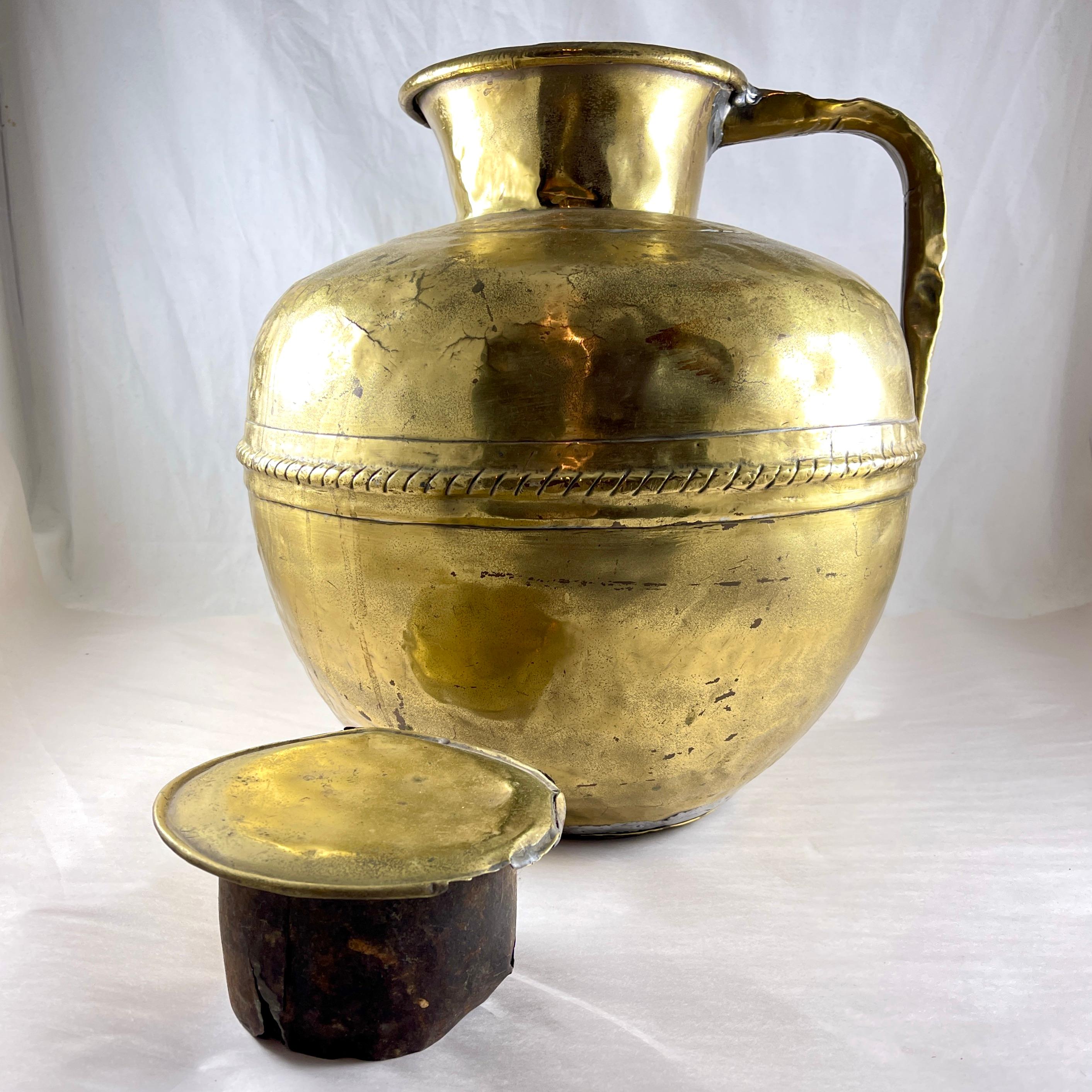 Hammered French Normandy Large Rustic Brass Milk Jug with Lid – circa 1850 For Sale