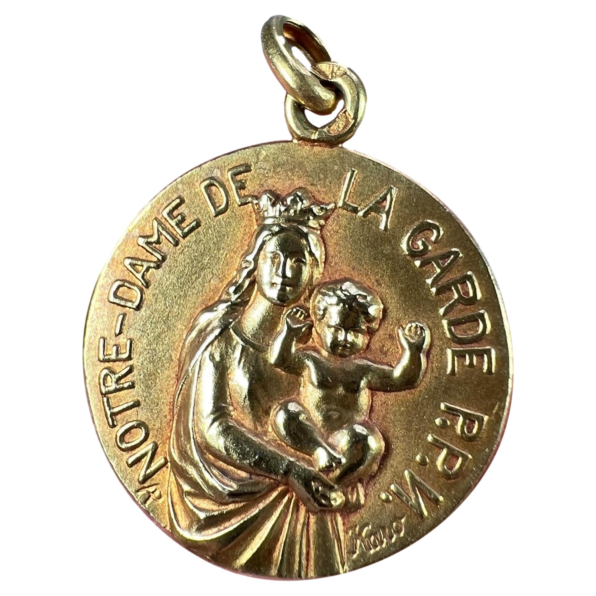 Amuleto Medalla francesa Notre Dame de La Garde Marsella Madonna de oro amarillo de 18 quilates