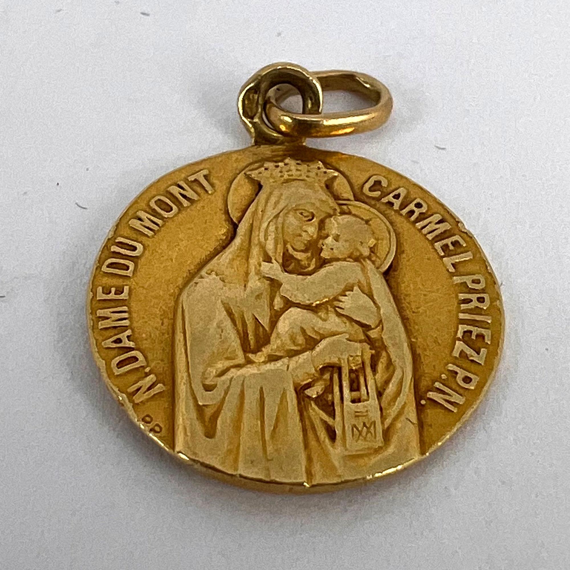 French Notre Dame du Mont Carmel 18 Karat Yellow Gold Medal Charm Pendant For Sale 8