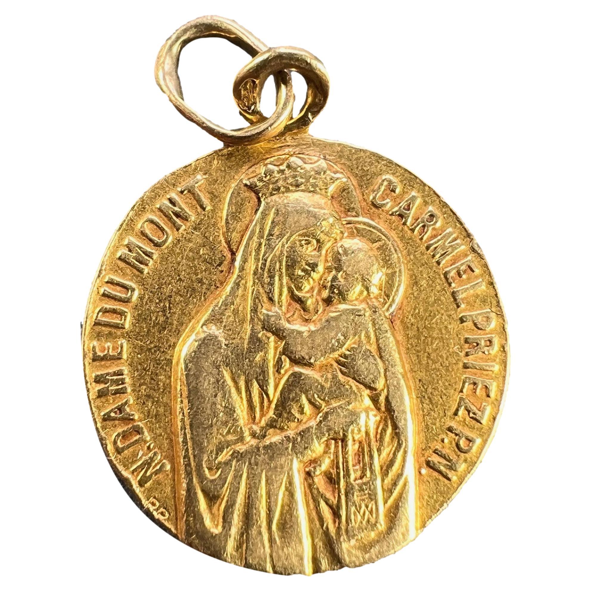 French Notre Dame du Mont Carmel 18 Karat Yellow Gold Medal Charm Pendant For Sale