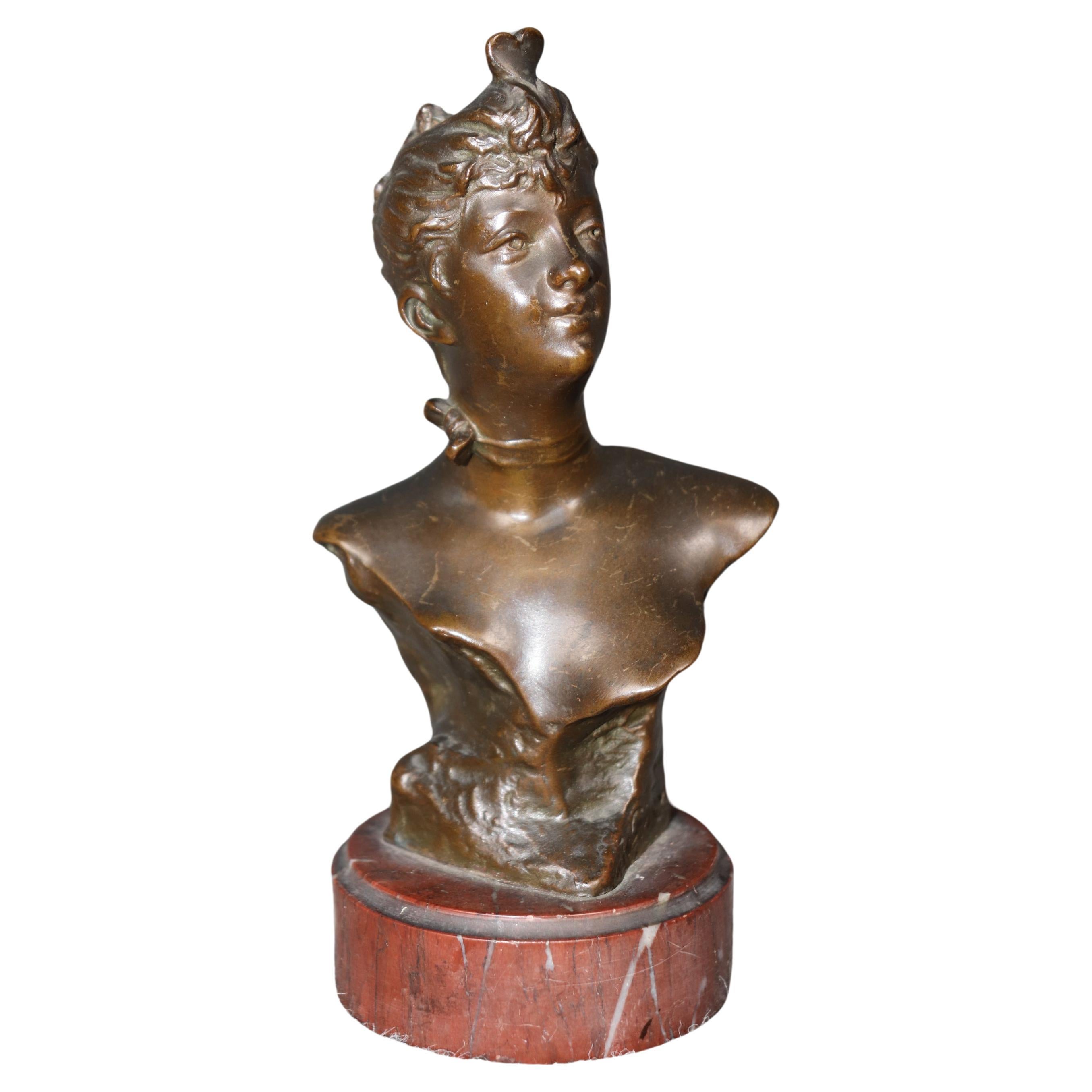 French Nouveau Bronze Bust On Marble Base of Lady Signed J. Garnier For Sale