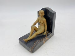 French Nude Flapper Girl Spelter Metal & Marble Bookend Pair, 1920