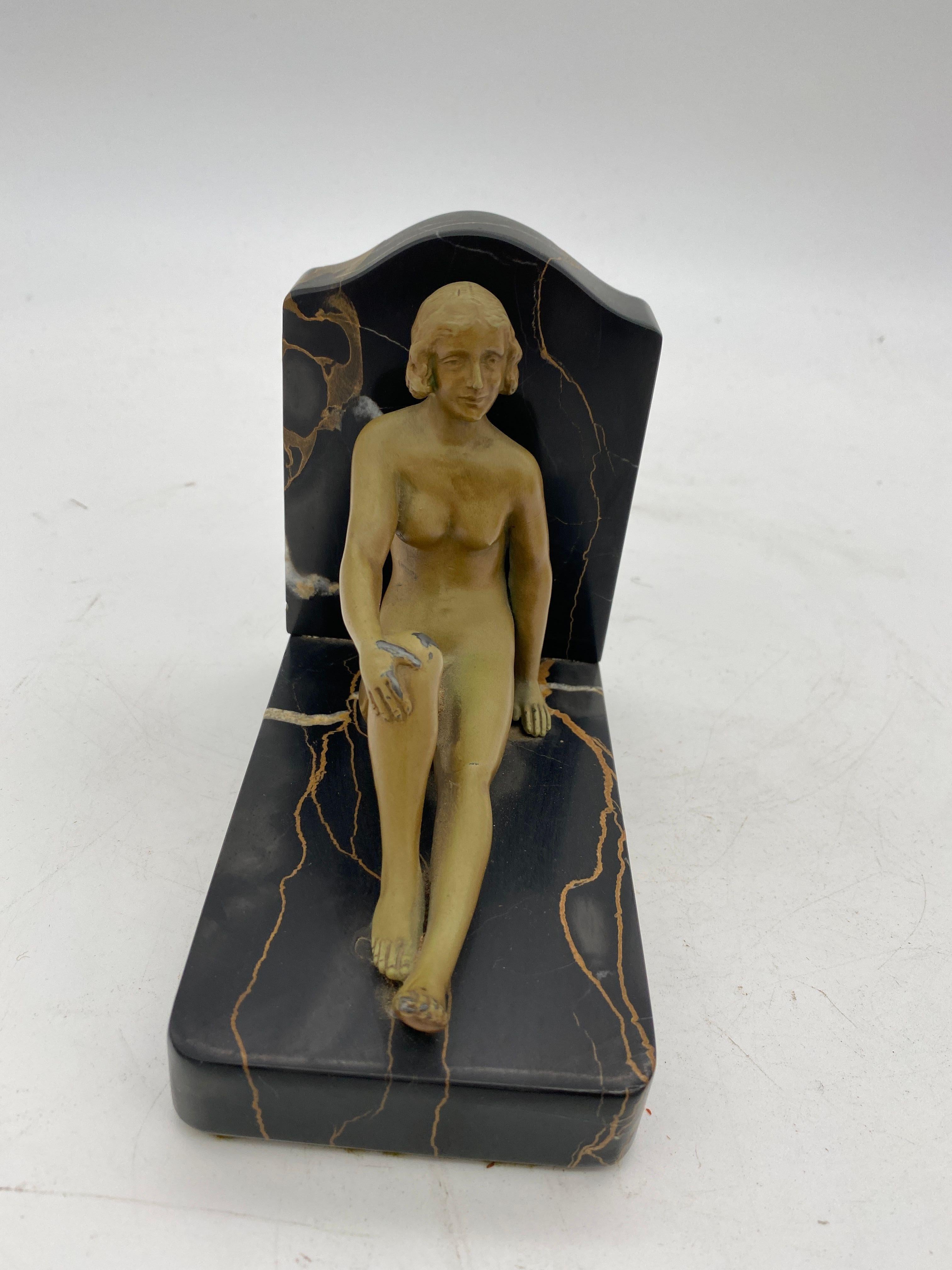 Early 20th Century French Nude Flapper Girl Spelter Metal & Marble Bookend Pair, 1920 For Sale