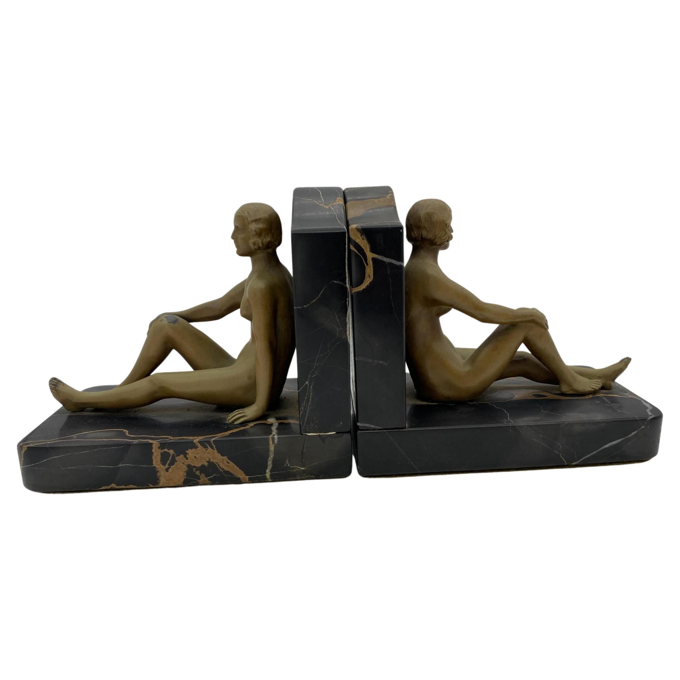 French Nude Flapper Girl Spelter Metal & Marble Bookend Pair, 1920 For Sale