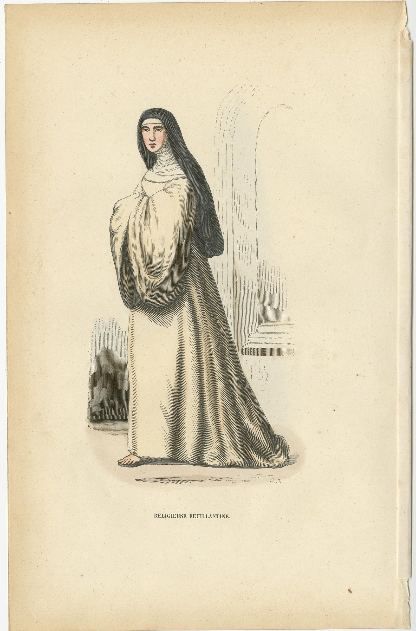 Antique print titled 'Religieuse Feuillantine'. 

Print of a Nun of the order of Feuillantines, Congregation of Our Lady of the Feuillants, Cistercian. This print originates from 'Histoire et Costumes des Ordres Religieux'.

The Feuillants were