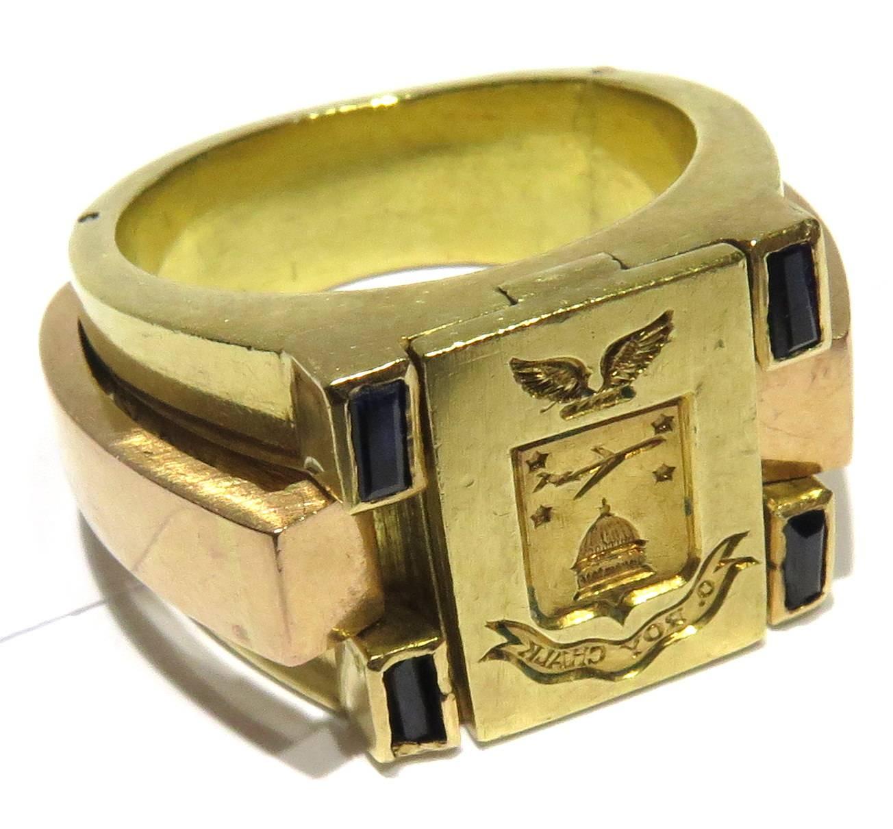This incredible French 18k rose and yellow gold intaglio seal ring is truly a piece of history. 
On the face of this intaglio ring is a crest, hand engraved, with the Washington Capital Dome, also one of his planes flying over it. Under the is a