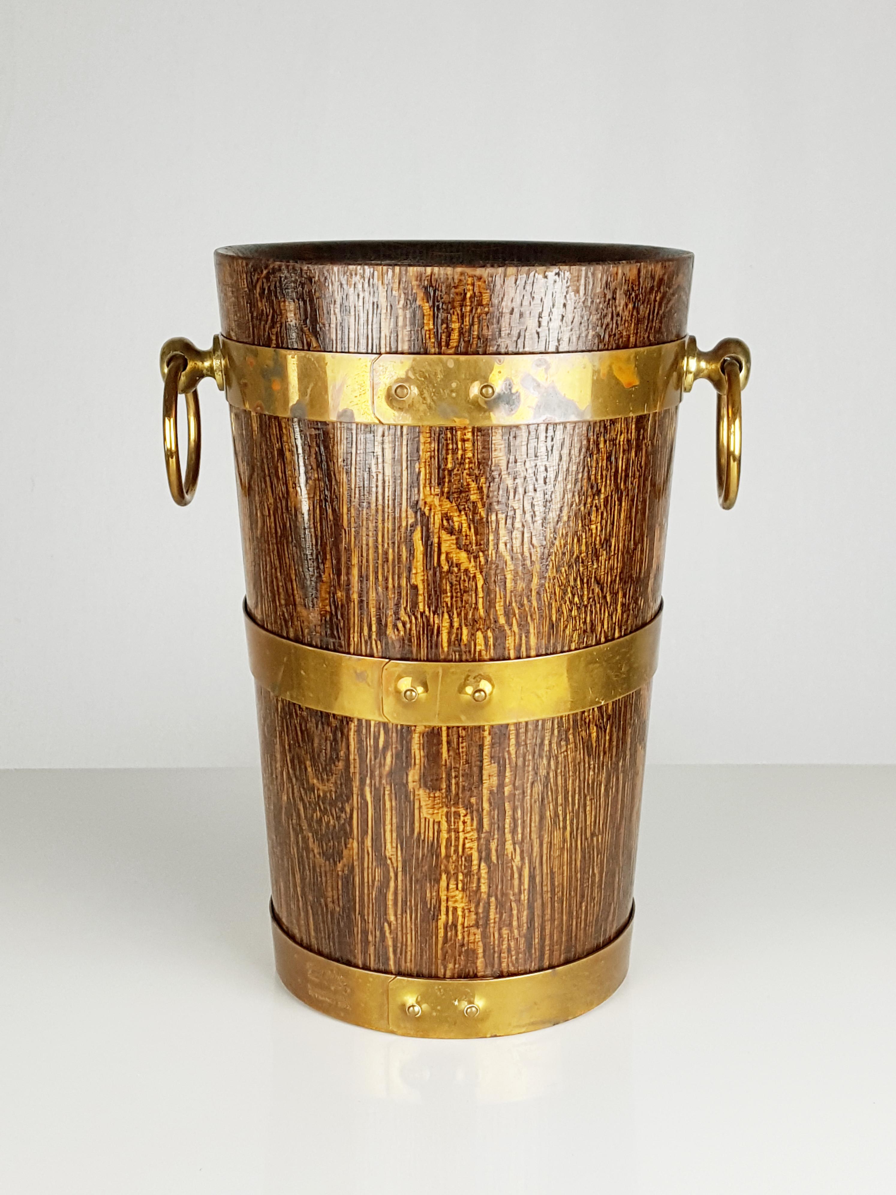 Mid-Century Modern French Oak, Aluminum, and Brass Ice Bucket from Geraud Lafitte Ouvrier, 1950s For Sale