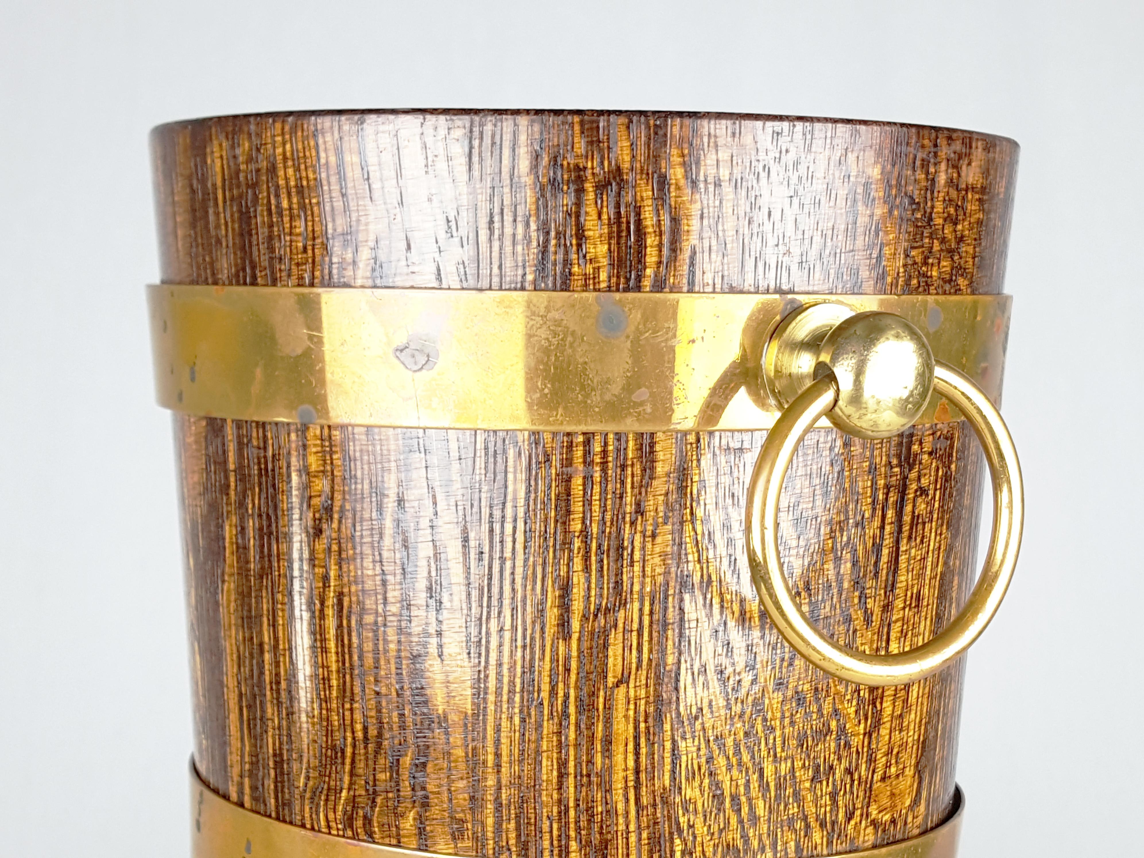 Mid-20th Century French Oak, Aluminum, and Brass Ice Bucket from Geraud Lafitte Ouvrier, 1950s For Sale