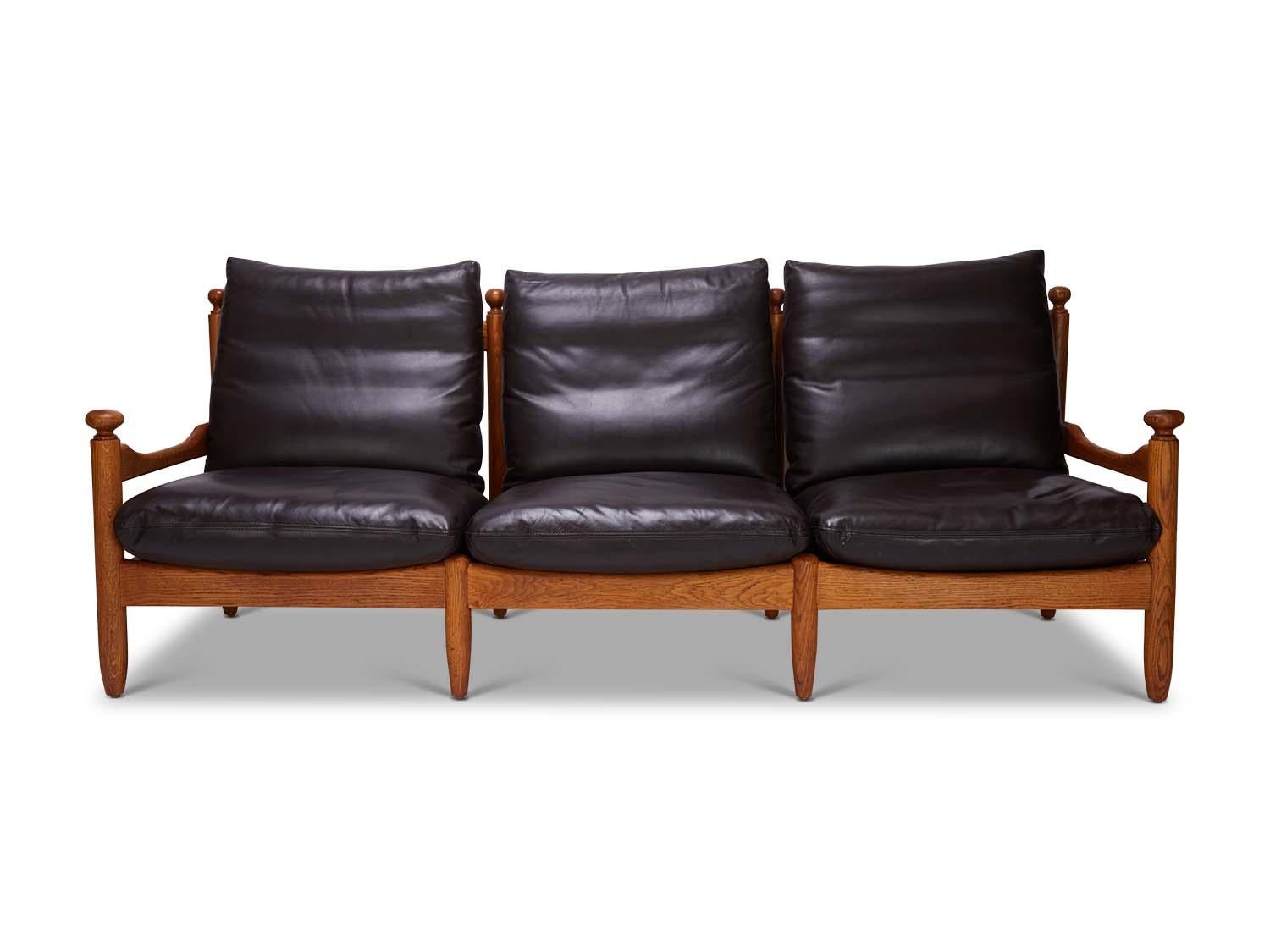 Mid-Century Modern French Oak and Black Leather Sofa