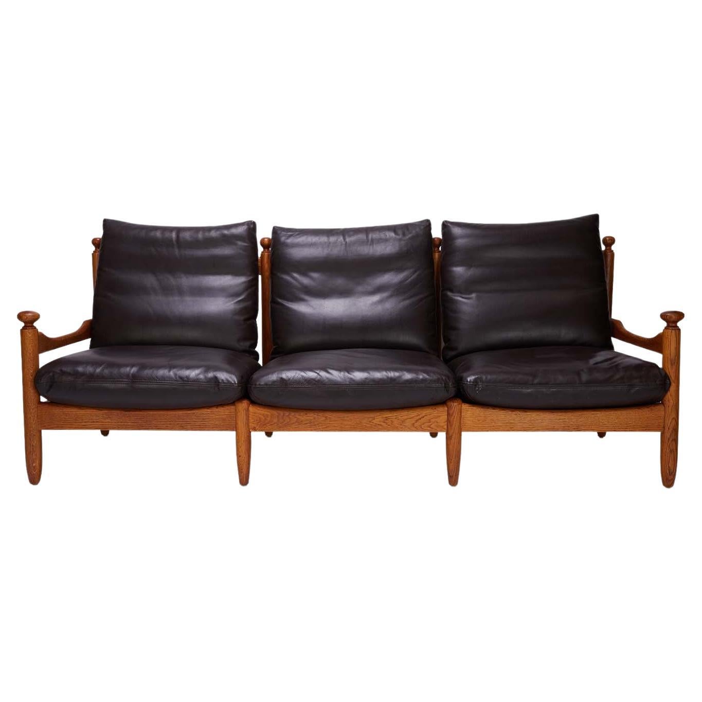 French Oak and Black Leather Sofa