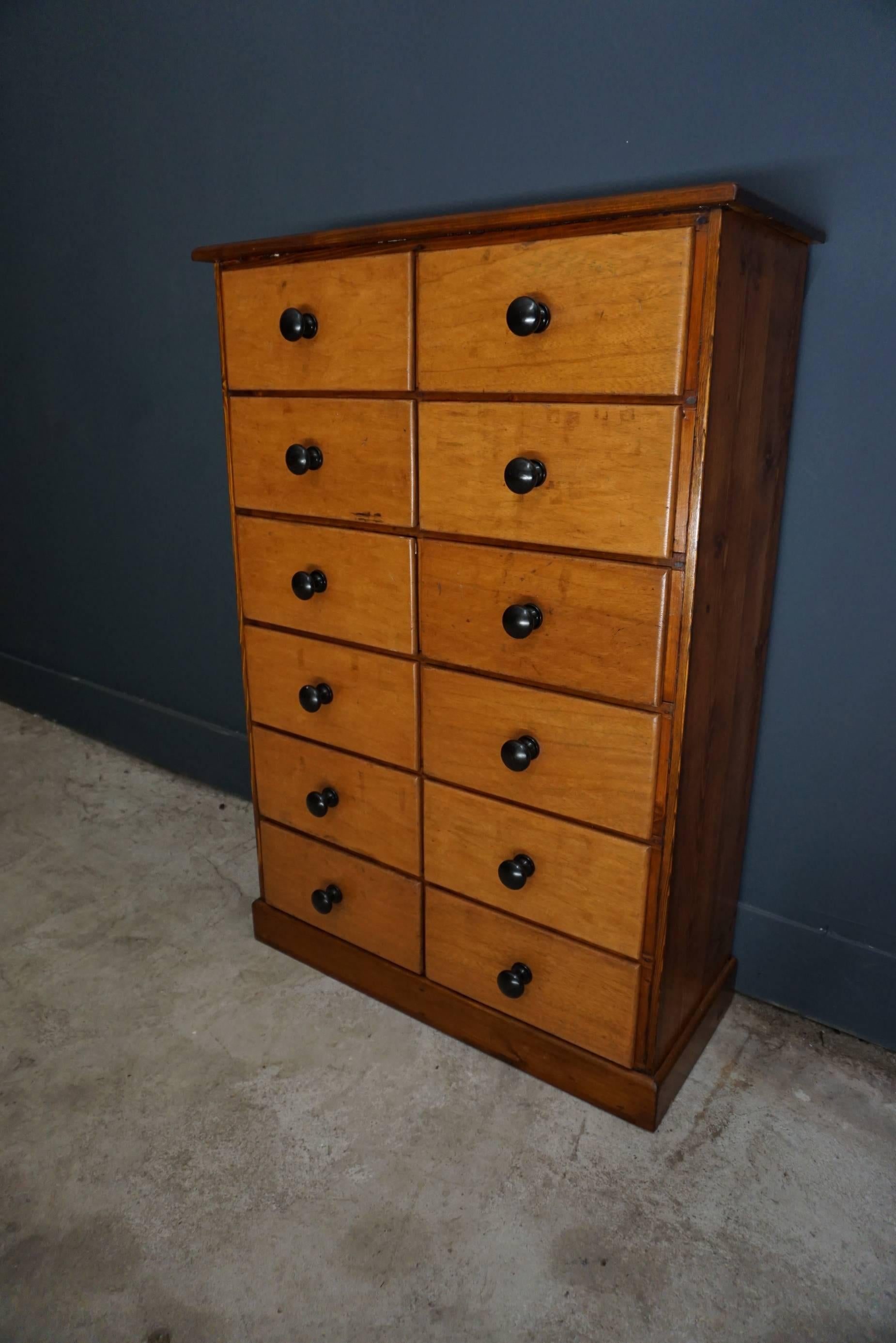 This oak apothecary cabinet was designed and made circa 1950 in France. It features 12 drawers with bakelite hardware. The inside of the drawers measure: 25.8 x 28.5 x 12.7 cm.