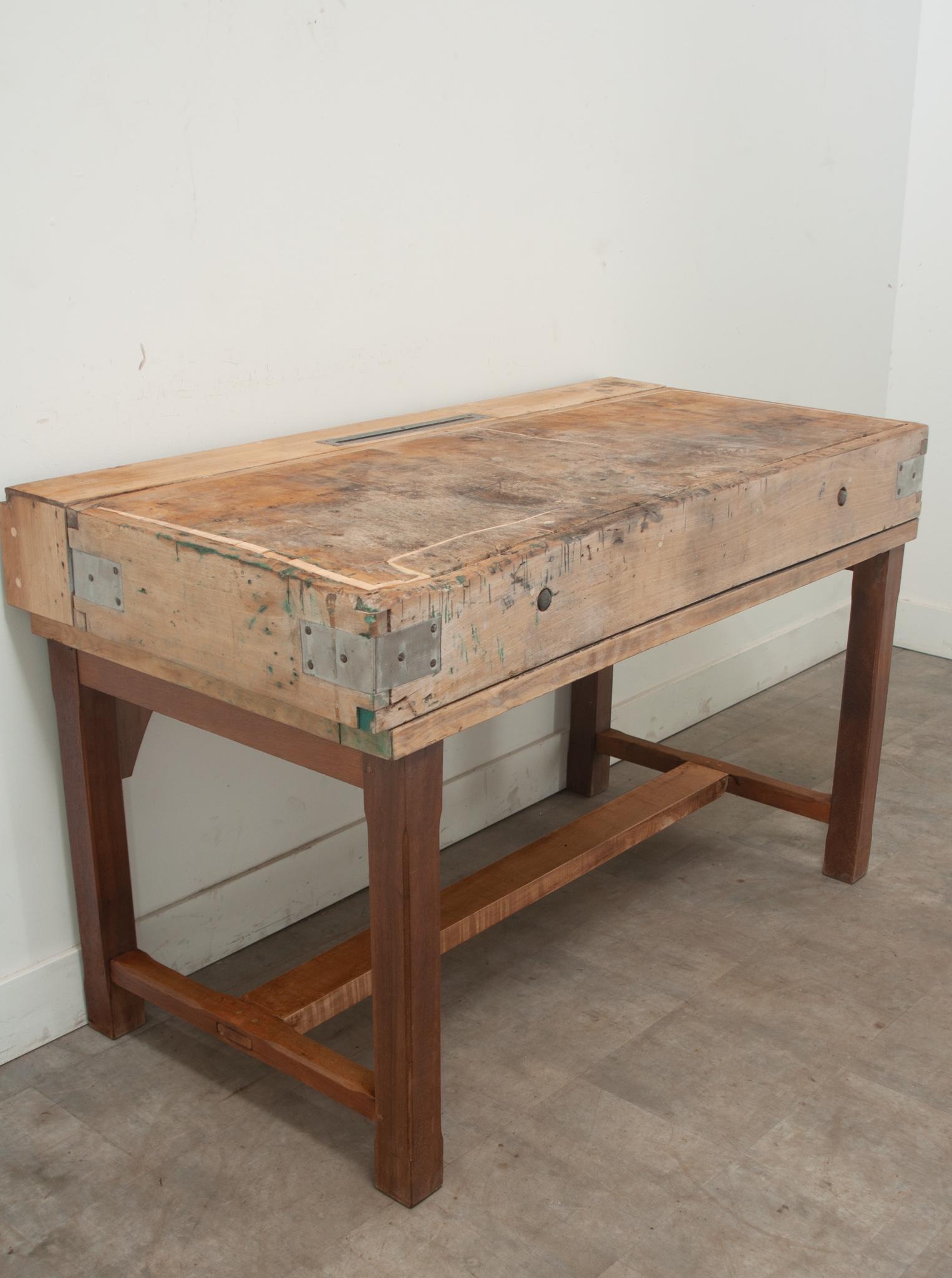 Steel French Oak and Pine Butcher Block Table For Sale