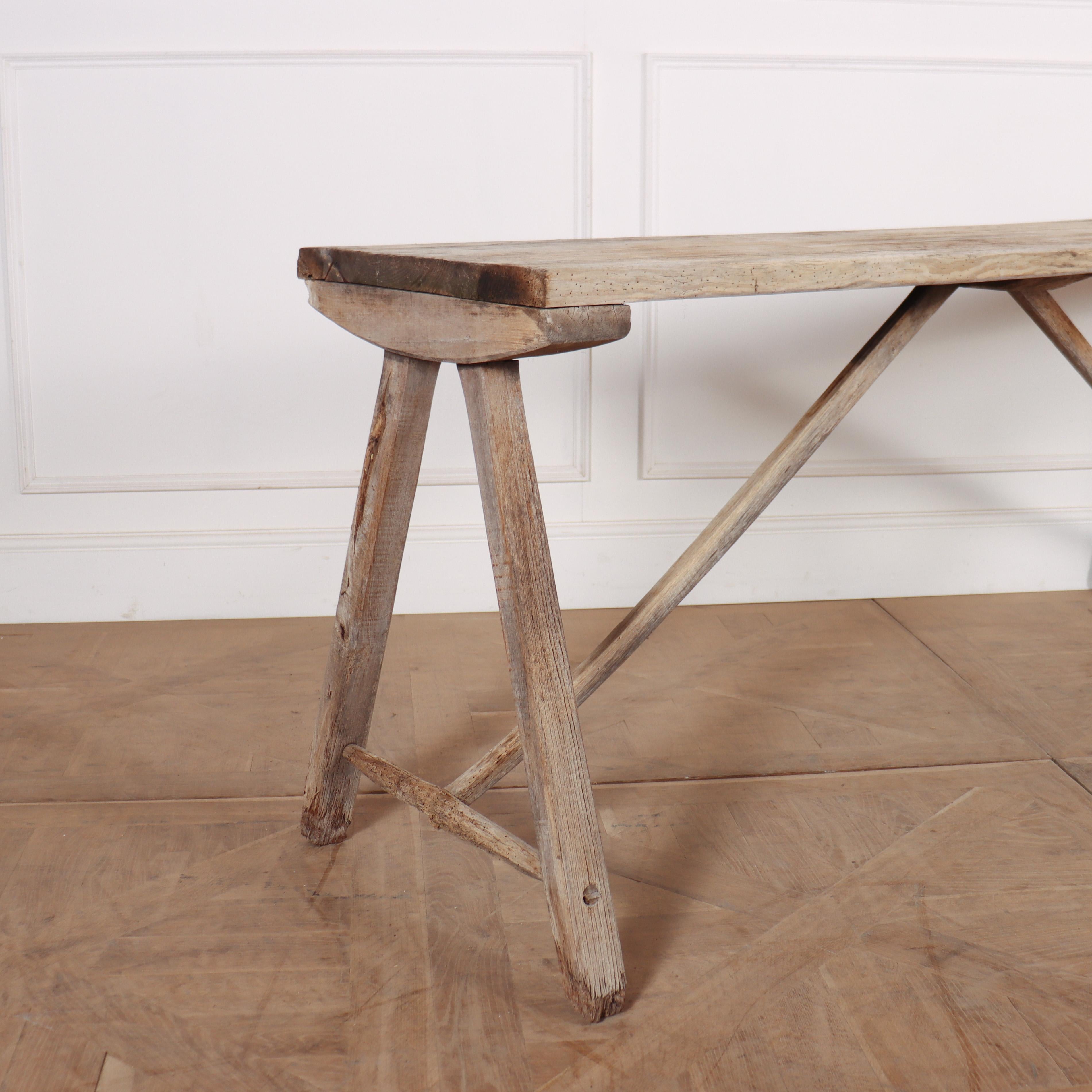 19th C French bleached and scrubbed oak and poplar trestle table. 1880.

Ref: A

Top depth is 18