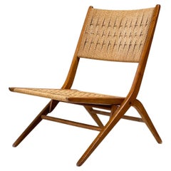 Vintage French oak and rattan folding low lounge chair