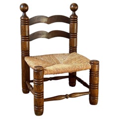French Low Chair in Oak with Rush Seat, Charles Dudouyt Style, 1940