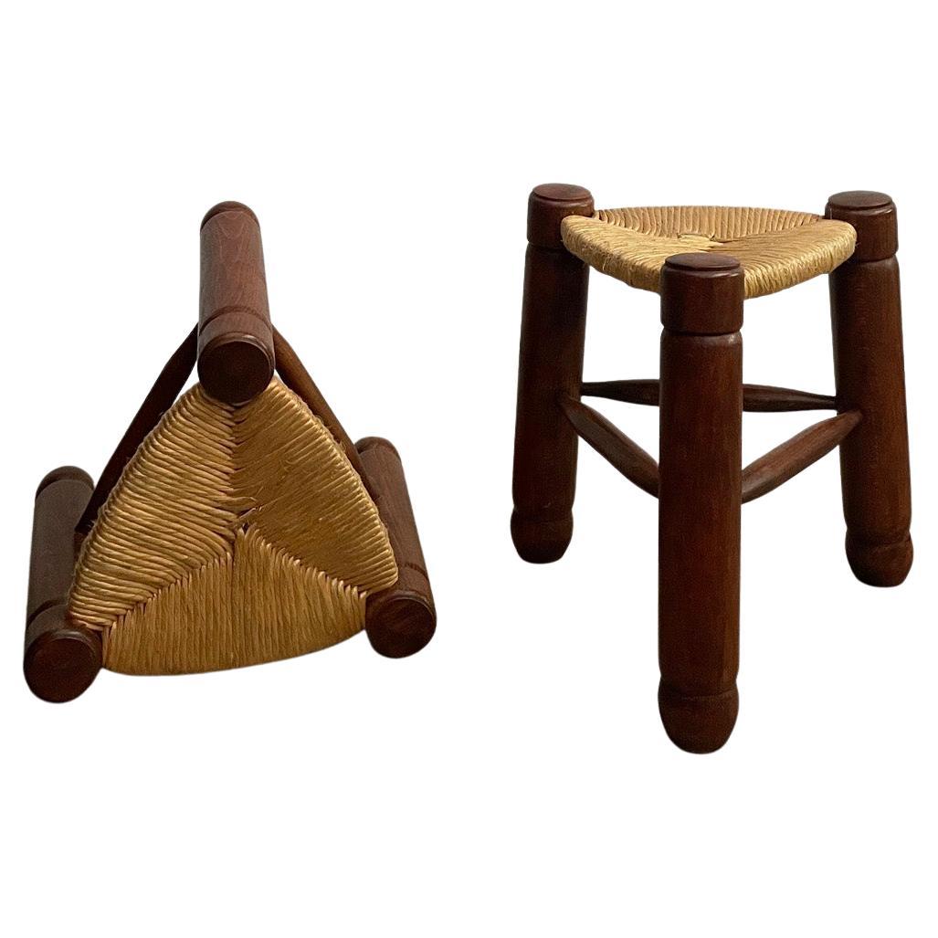 French Oak and Rush Tripod Stools For Sale at 1stDibs