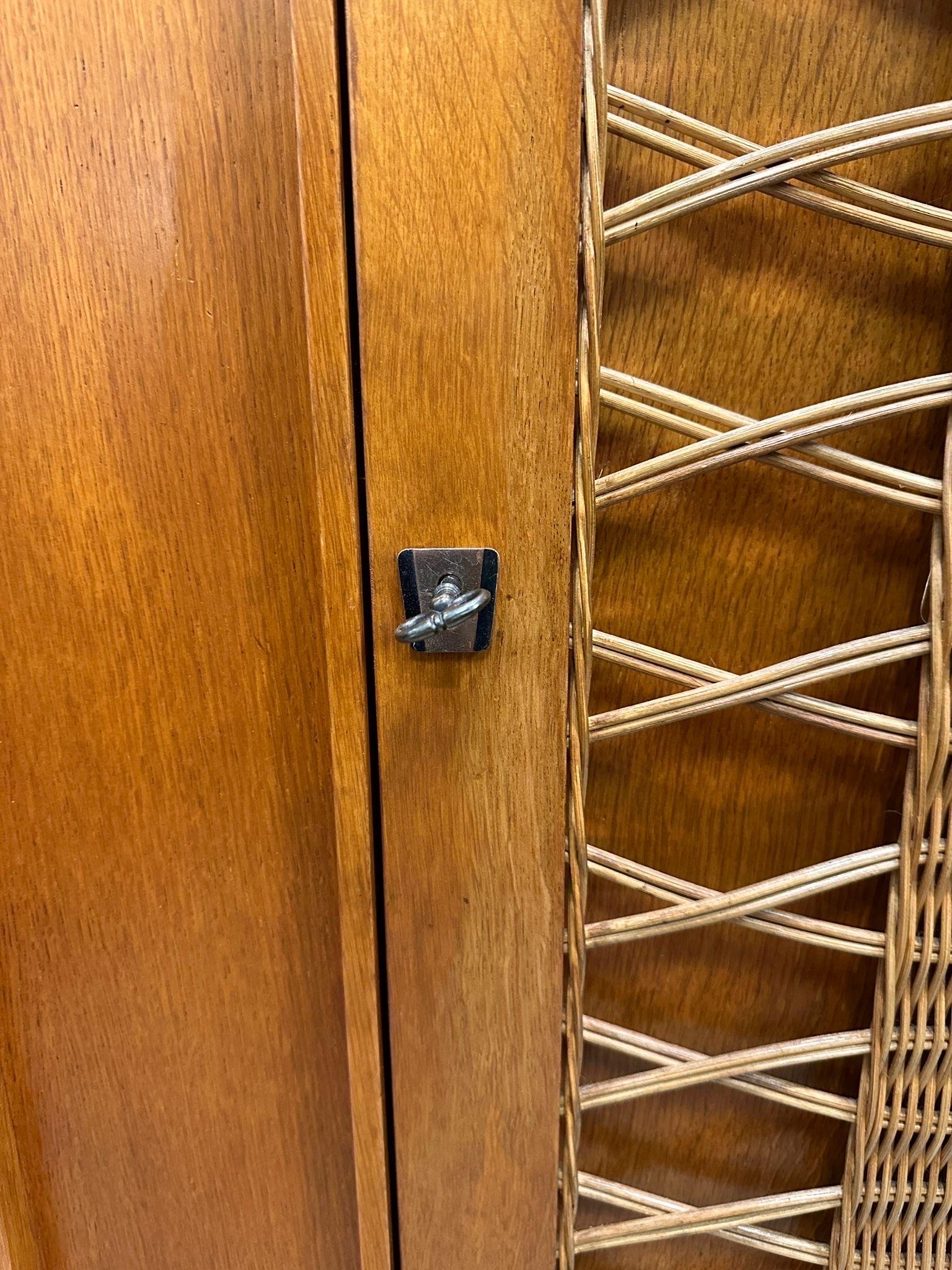 Mid-Century Modern French Oak and Wicker Lattice Doors Armoire