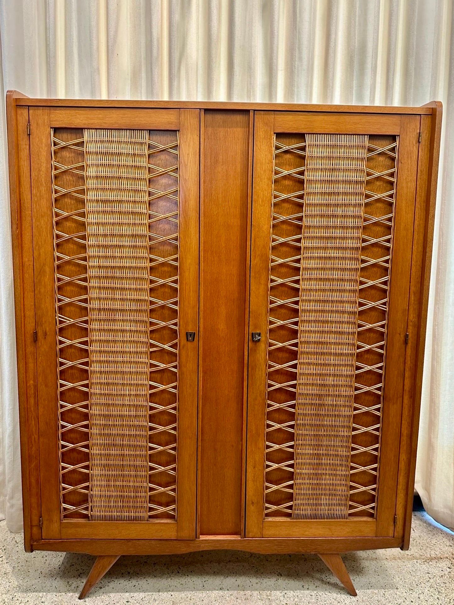 French Oak and Wicker Lattice Doors Armoire In Good Condition In North Miami, FL
