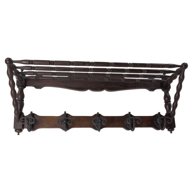 French Oak and Wrought Iron Coat and Hat Rack, French, 1920 For Sale at