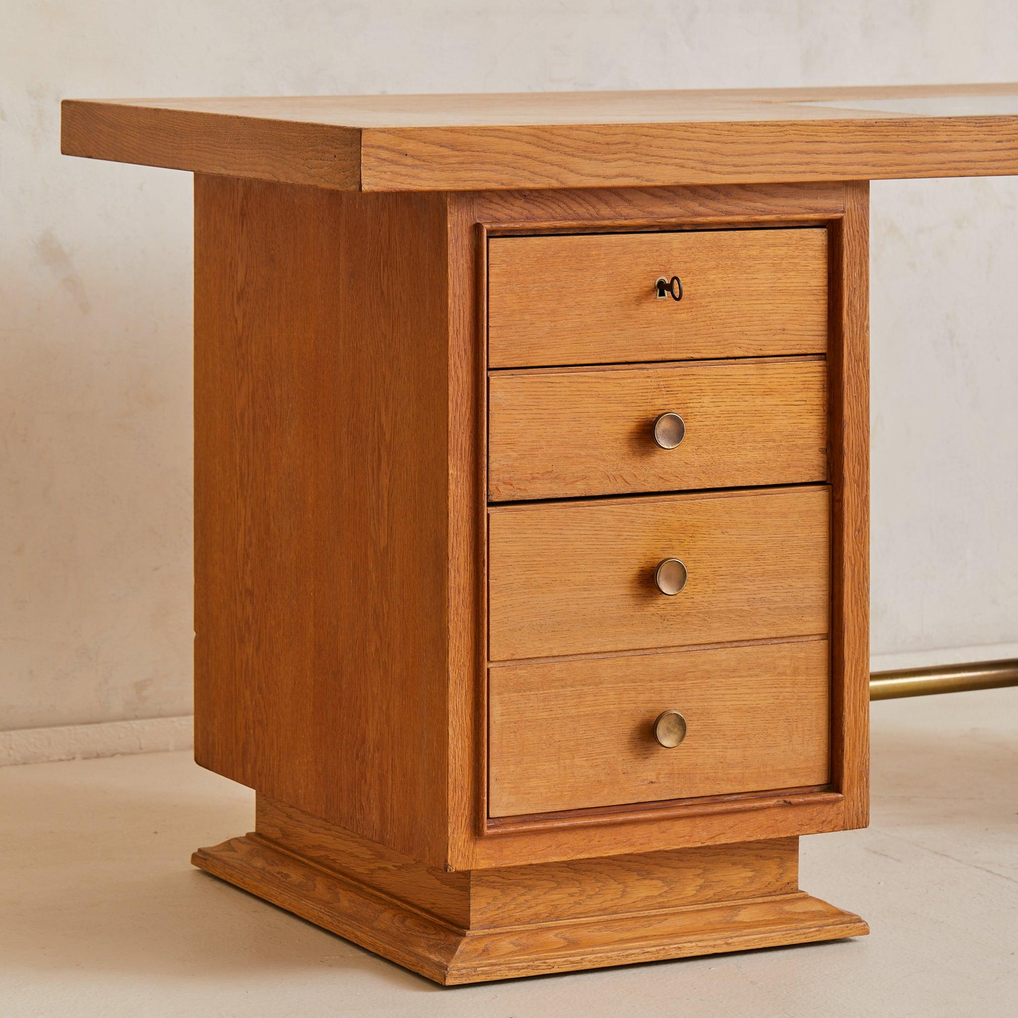 French Oak Architect’s Desk with Inset Glass Top, 1950s en vente 4