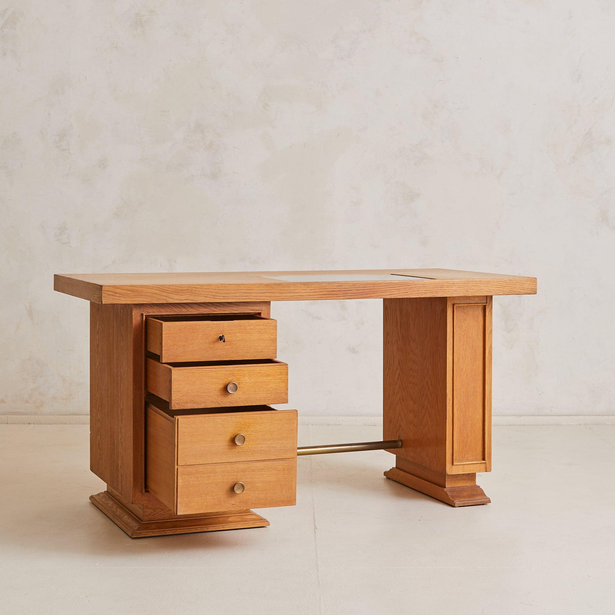 Mid-Century Modern French Oak Architect’s Desk with Inset Glass Top, 1950s en vente
