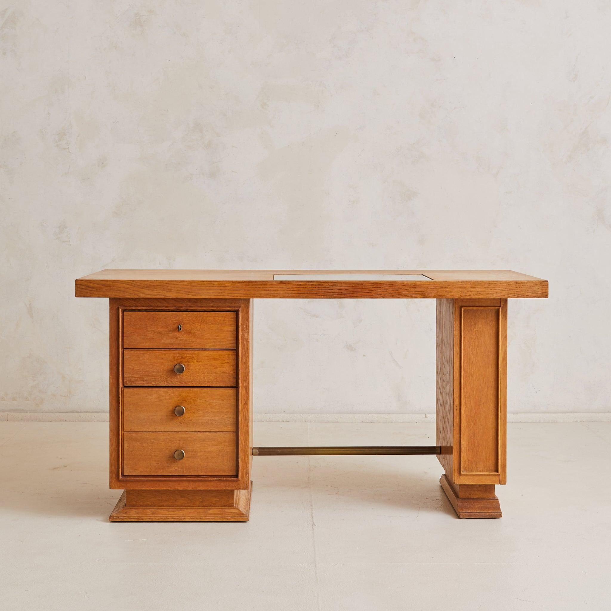 Français French Oak Architect’s Desk with Inset Glass Top, 1950s en vente