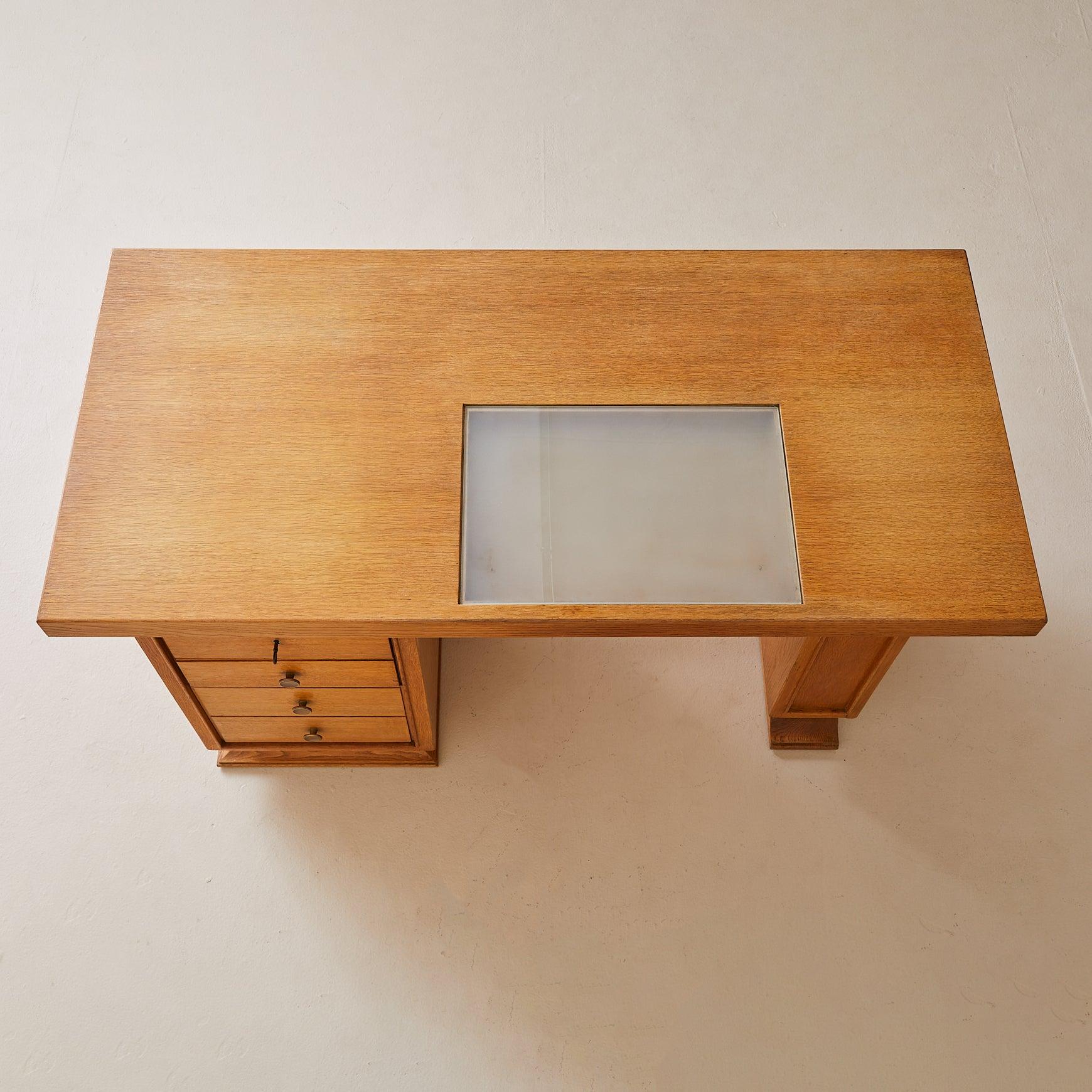 Laiton French Oak Architect’s Desk with Inset Glass Top, 1950s en vente