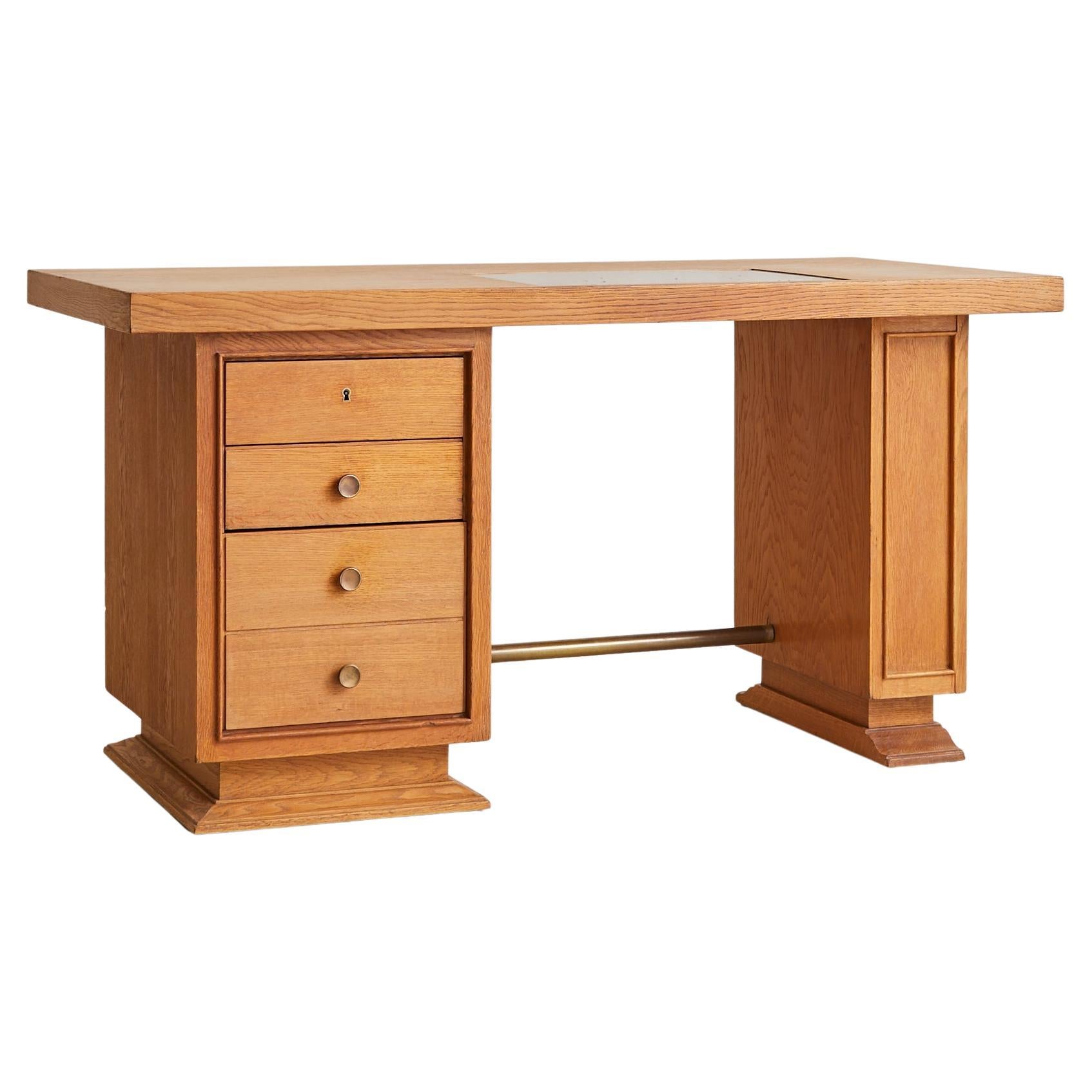 French Oak Architect’s Desk with Inset Glass Top, 1950s en vente