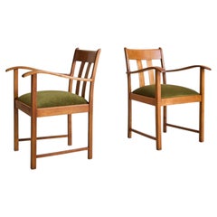 French Oak Armchair with Olive Green Velvet Upholstery, 1950s - 2 Available