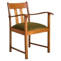 French Oak Armchair with Olive Green Velvet Upholstery, 1950s - 2 Available