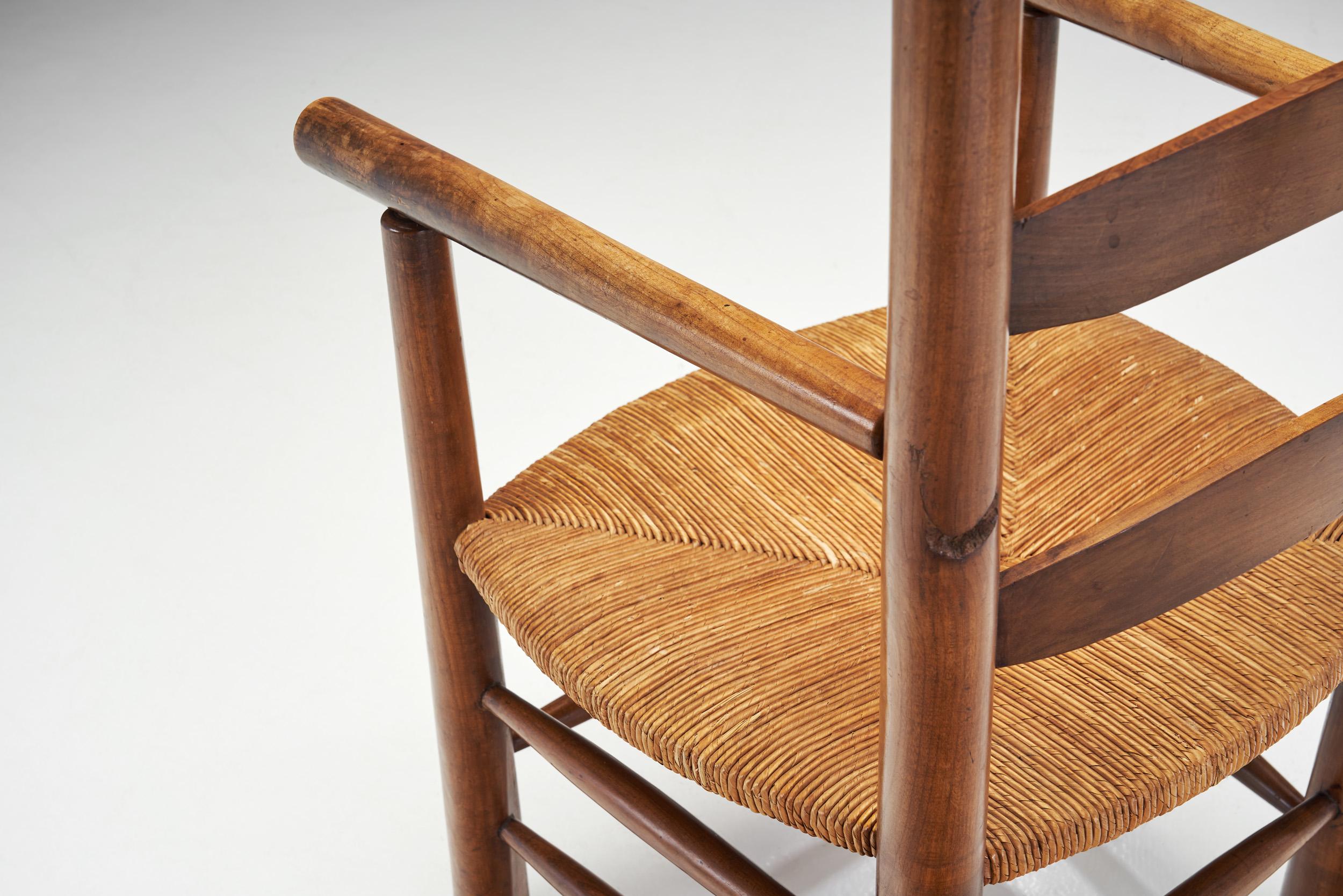 French Oak Armchairs with Woven Rush Seat, France 1950s For Sale 6