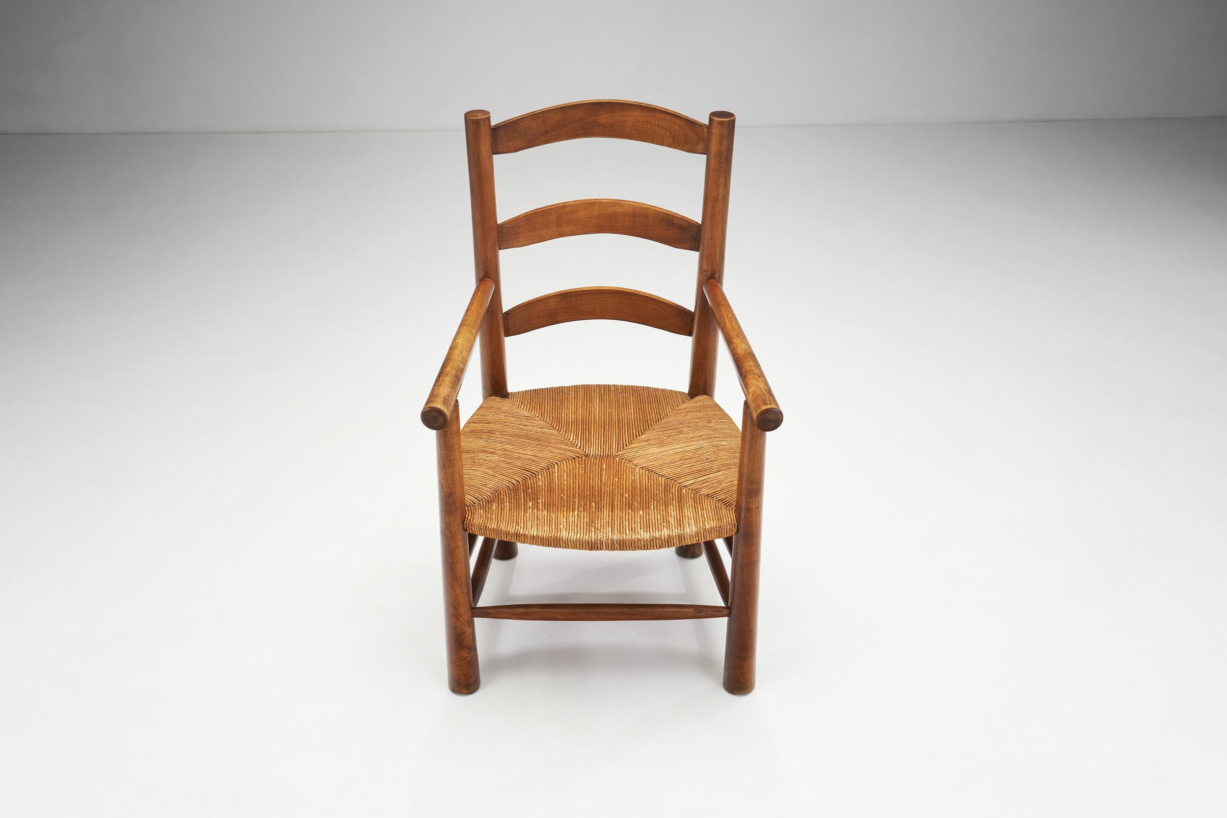 Wood French Oak Armchairs with Woven Rush Seat, France 1950s For Sale