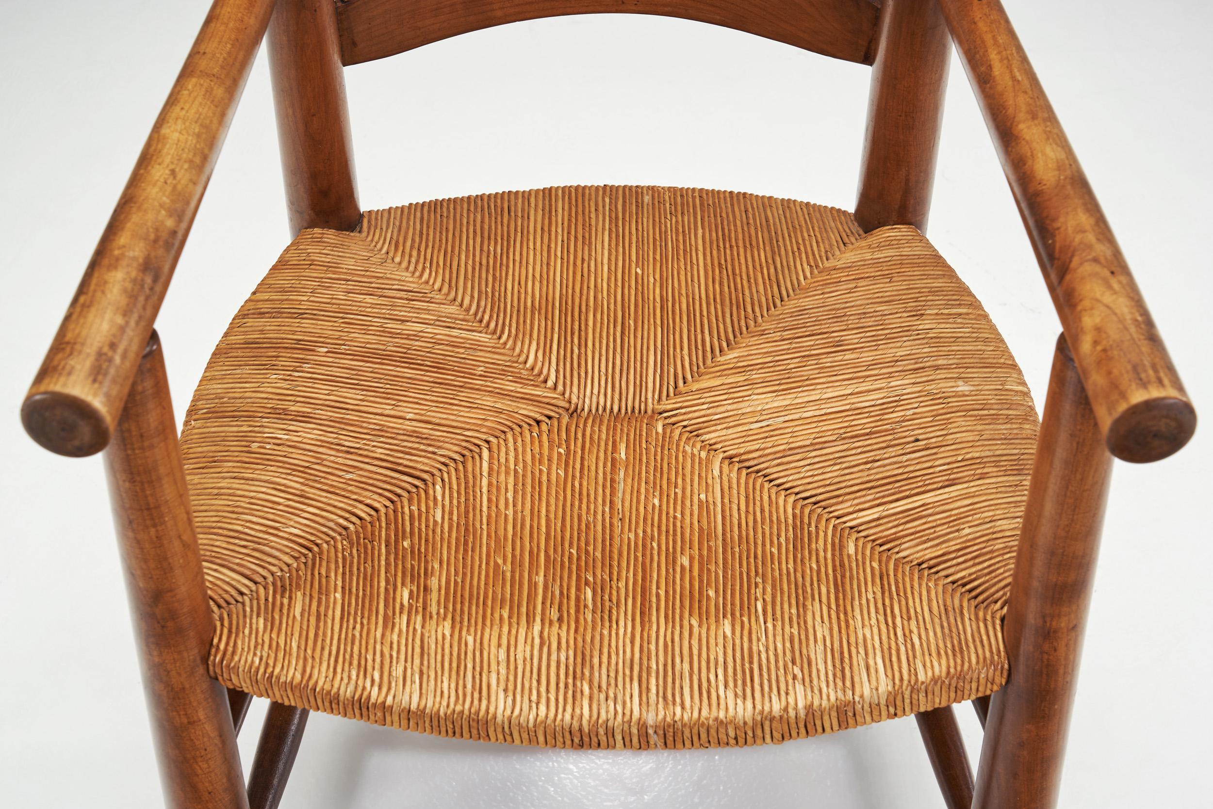 French Oak Armchairs with Woven Rush Seat, France 1950s For Sale 3