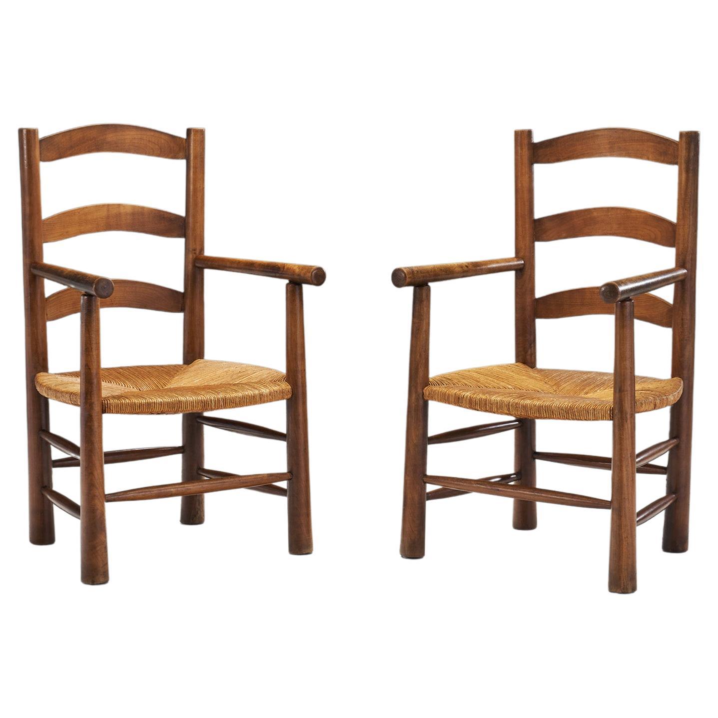 French Oak Armchairs with Woven Rush Seat, France 1950s